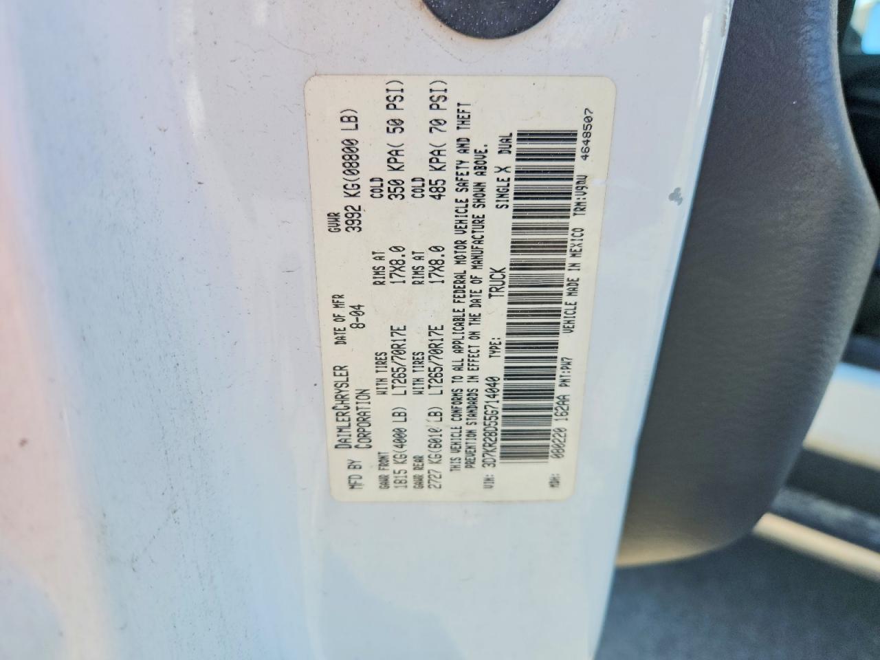 2005 Dodge Ram 2500 St White vin: 3D7KR28D55G714040