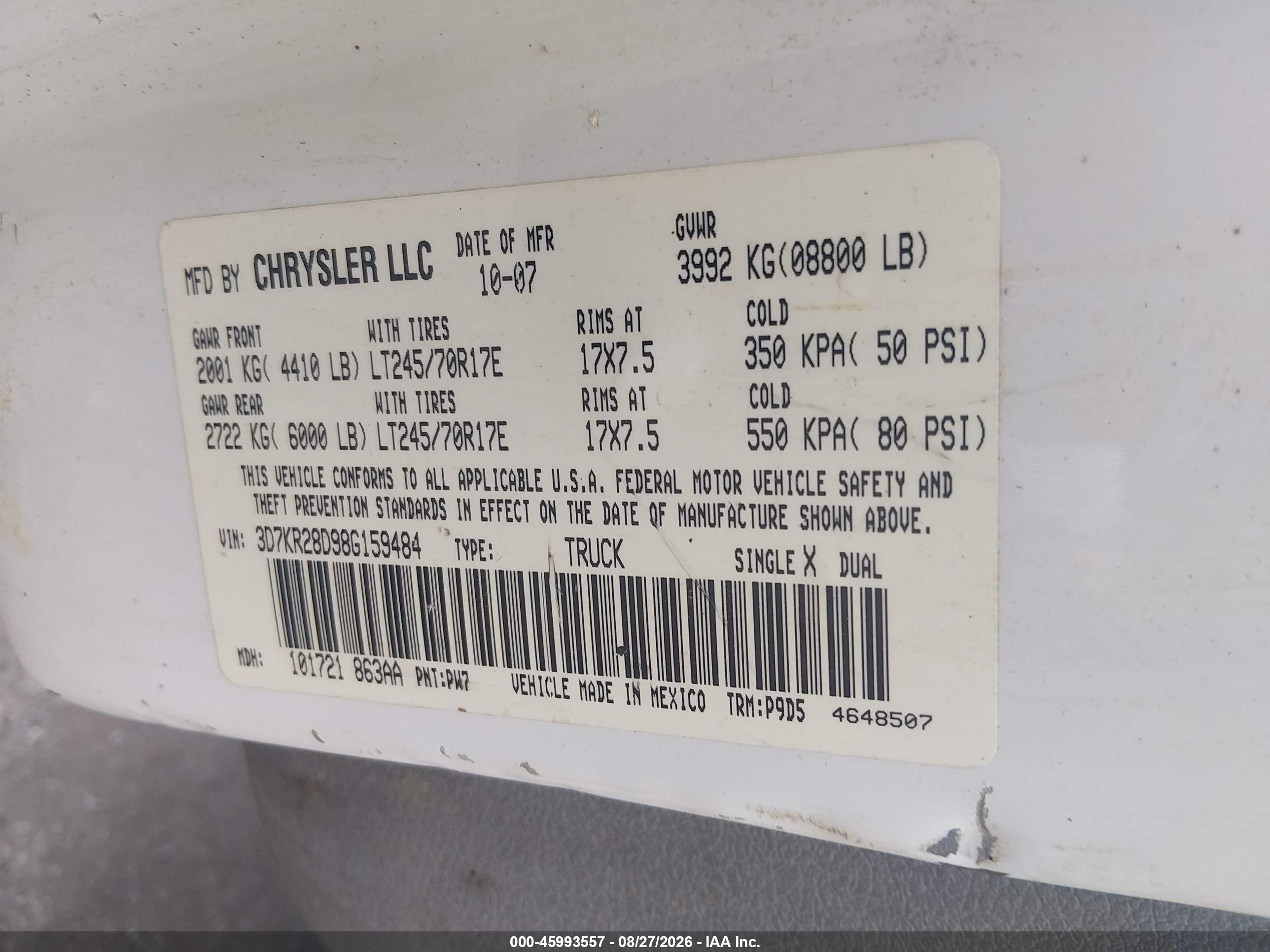 2008 Dodge Ram 2500 St/sxt White vin: 3D7KR28D98G159484
