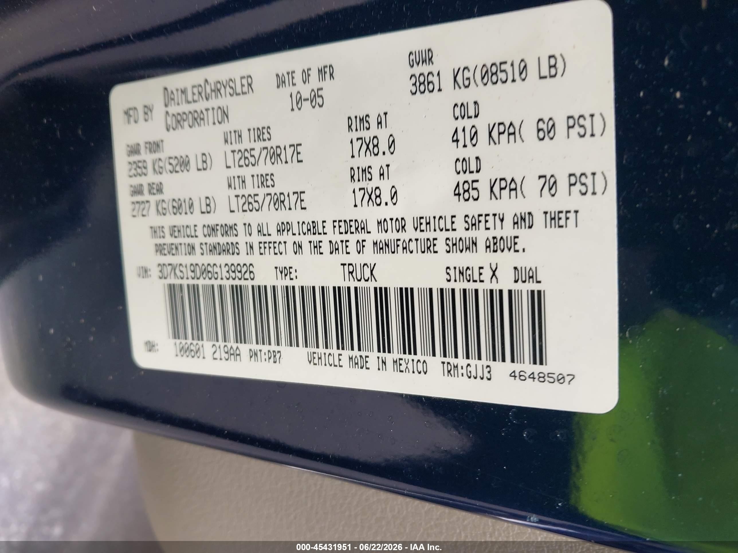 2006 Dodge Ram 1500 Laramie Blue vin: 3D7KS19D06G139926