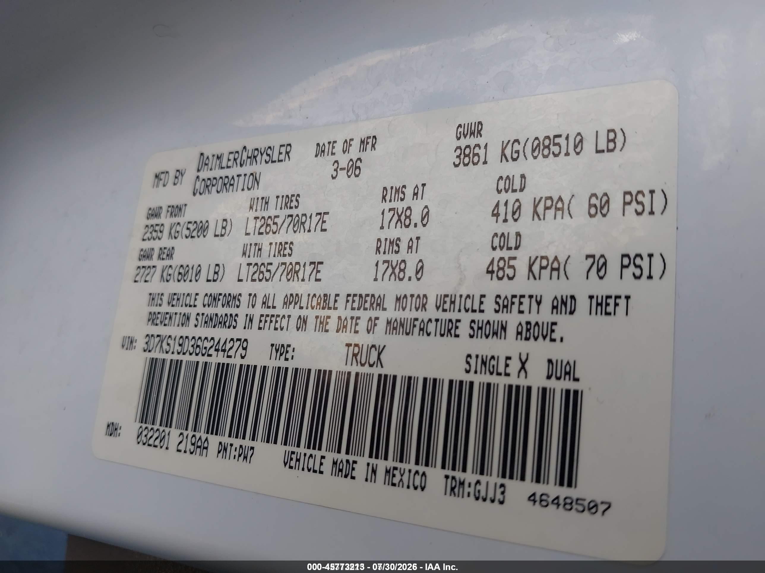 2006 Dodge Ram 1500 Laramie White vin: 3D7KS19D36G244279