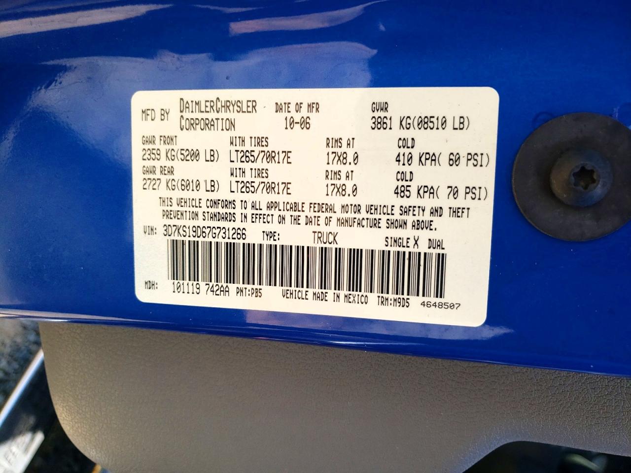 2007 Dodge Ram 1500 Blue vin: 3D7KS19D67G731266