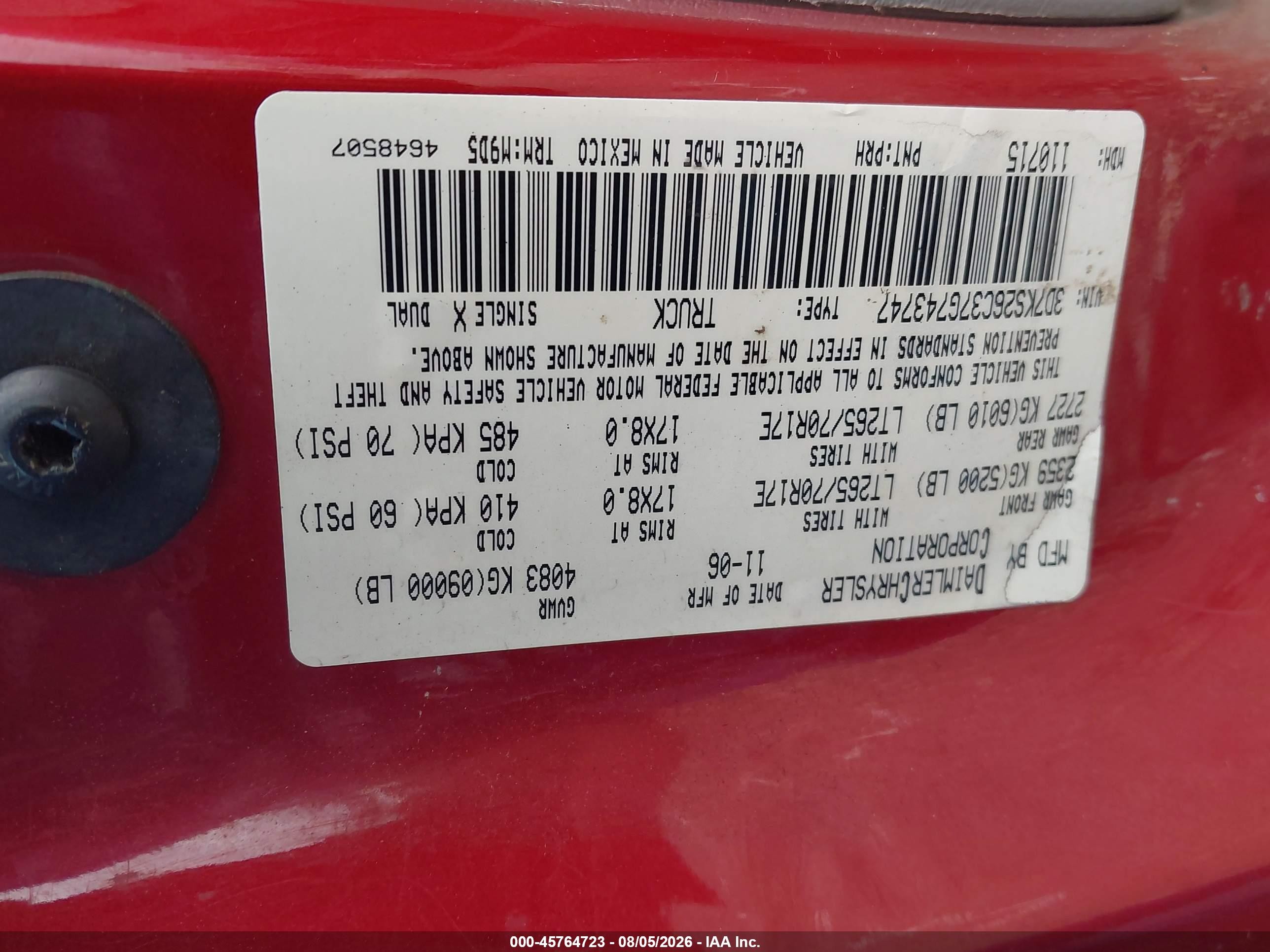 2007 Dodge Ram 2500 St/slt Red vin: 3D7KS26C37G743747