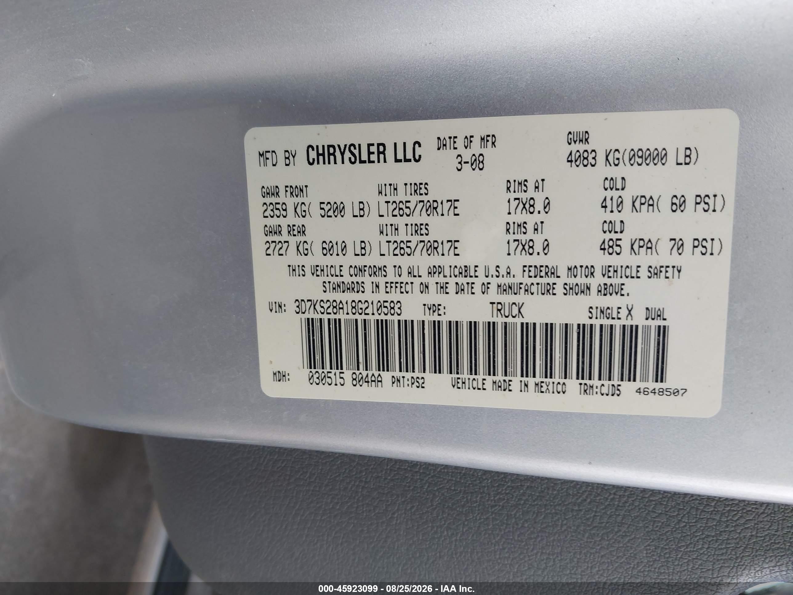 2008 Dodge Ram 2500 Slt/power Wagon Серебряный vin: 3D7KS28A18G210583