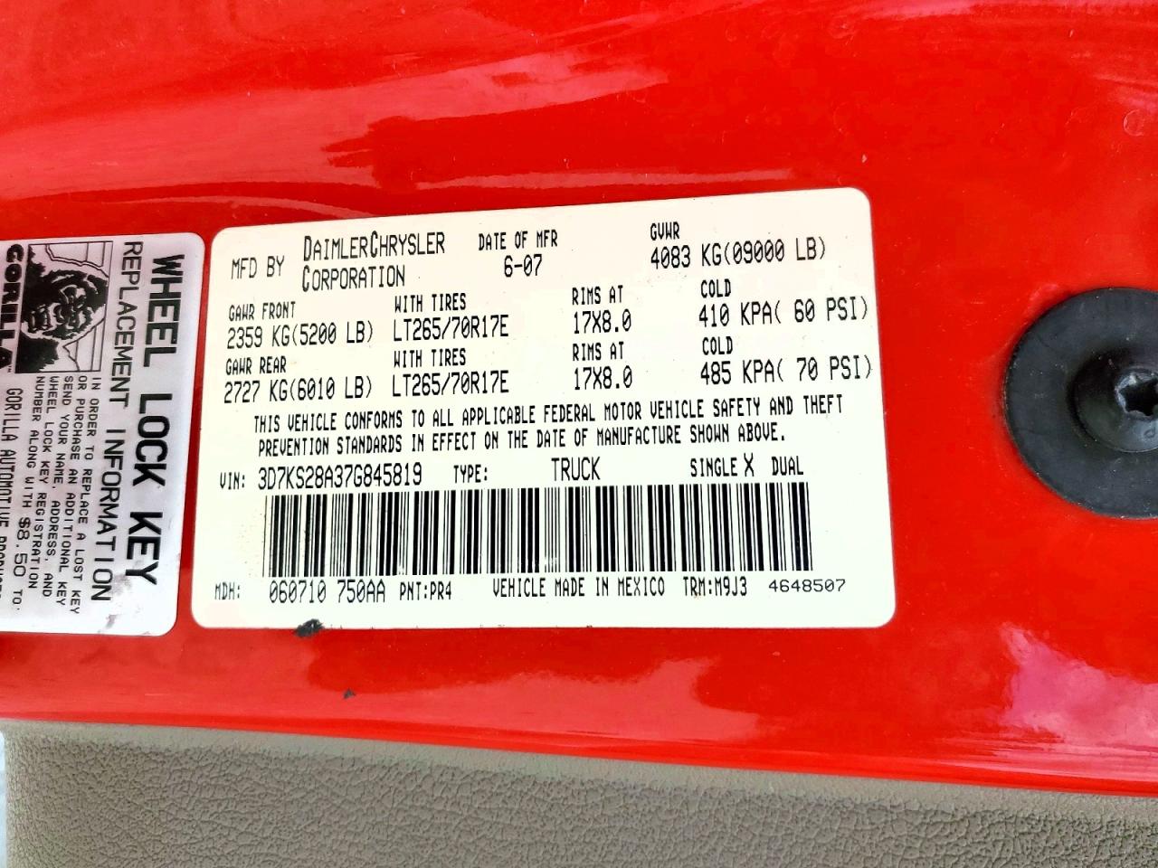 2007 Dodge Ram 2500 St/slt Red vin: 3D7KS28A37G845819