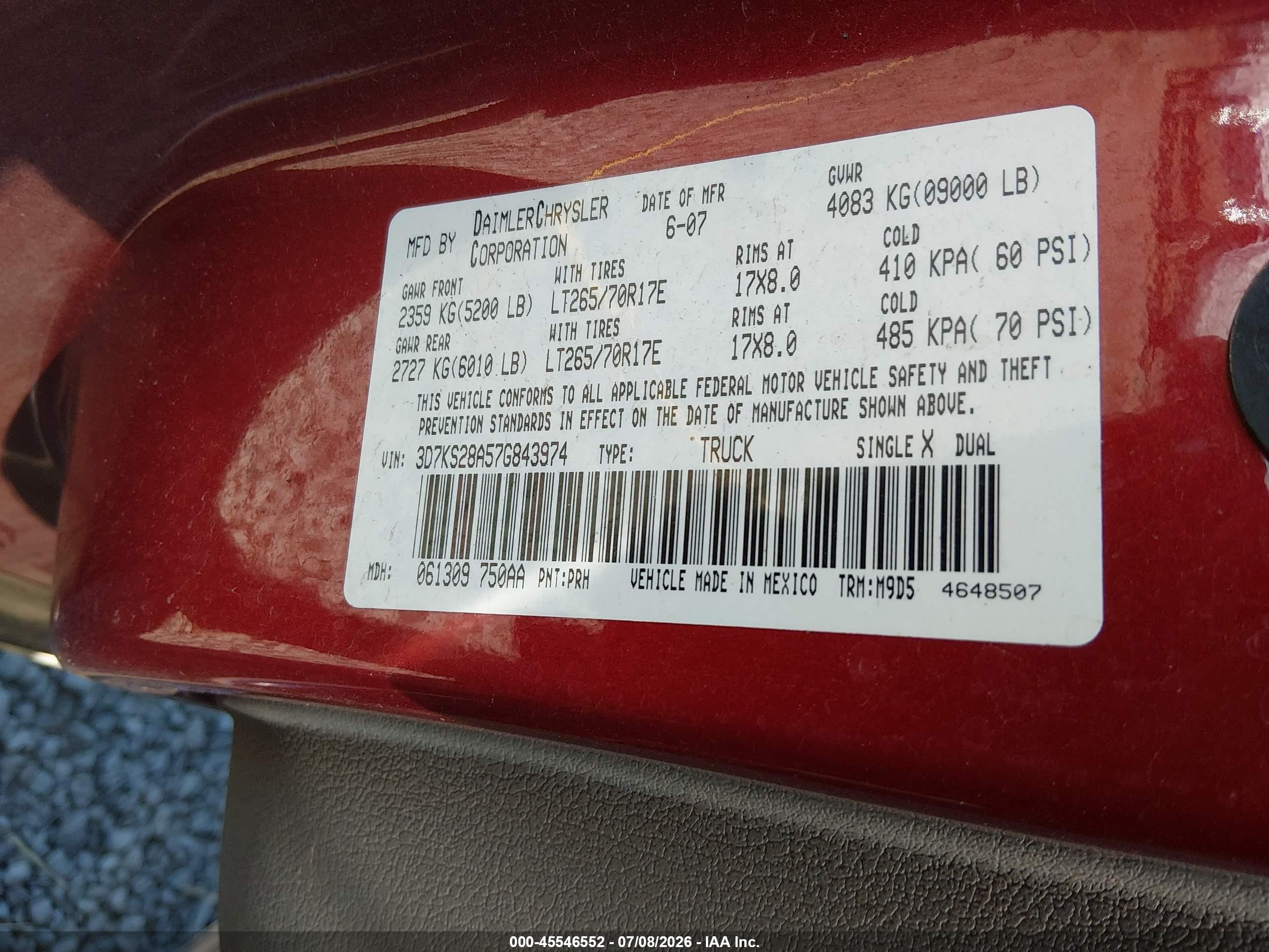 2007 Dodge Ram 2500 Slt/sport Red vin: 3D7KS28A57G843974