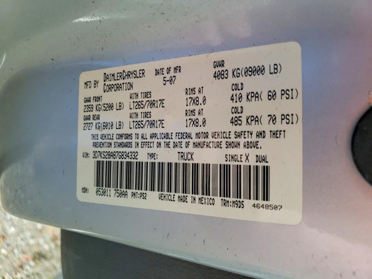 2007 Dodge Ram 2500 St Gray vin: 3D7KS28A87G834332