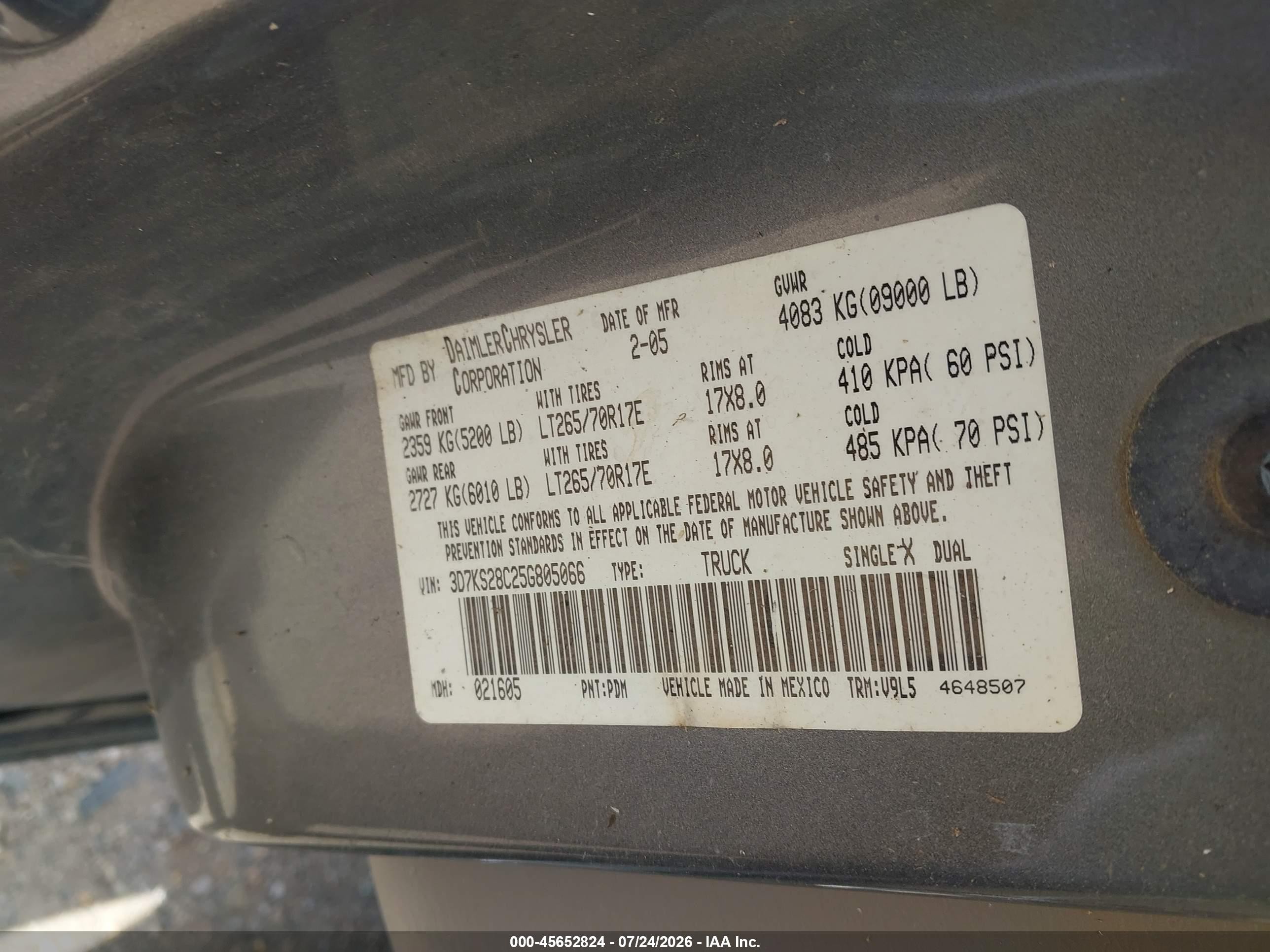 2005 Dodge Ram 2500 St/slt Gray vin: 3D7KS28C25G805066