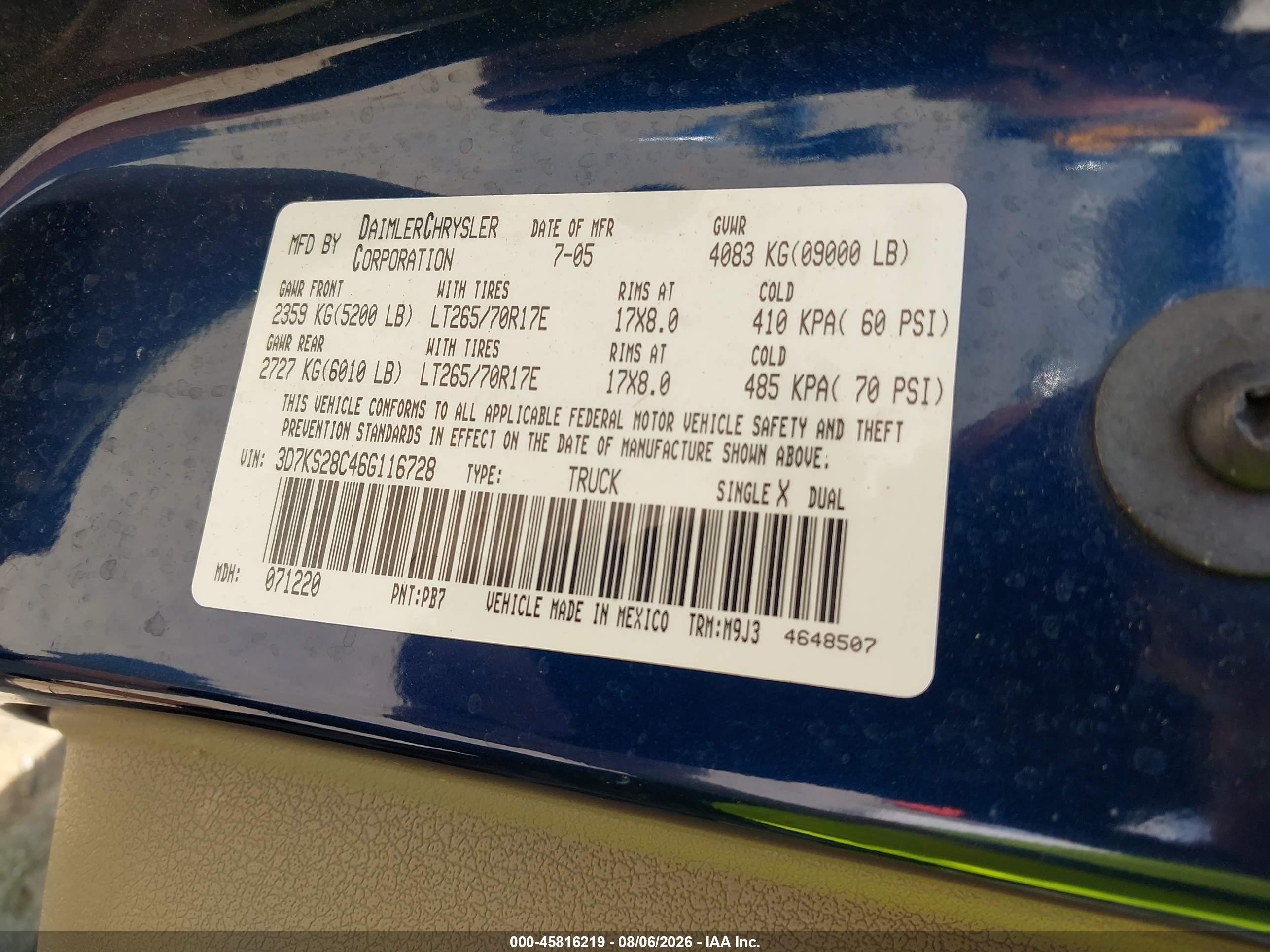 2006 Dodge Ram 2500 Slt/sport Dark Blue vin: 3D7KS28C46G116728