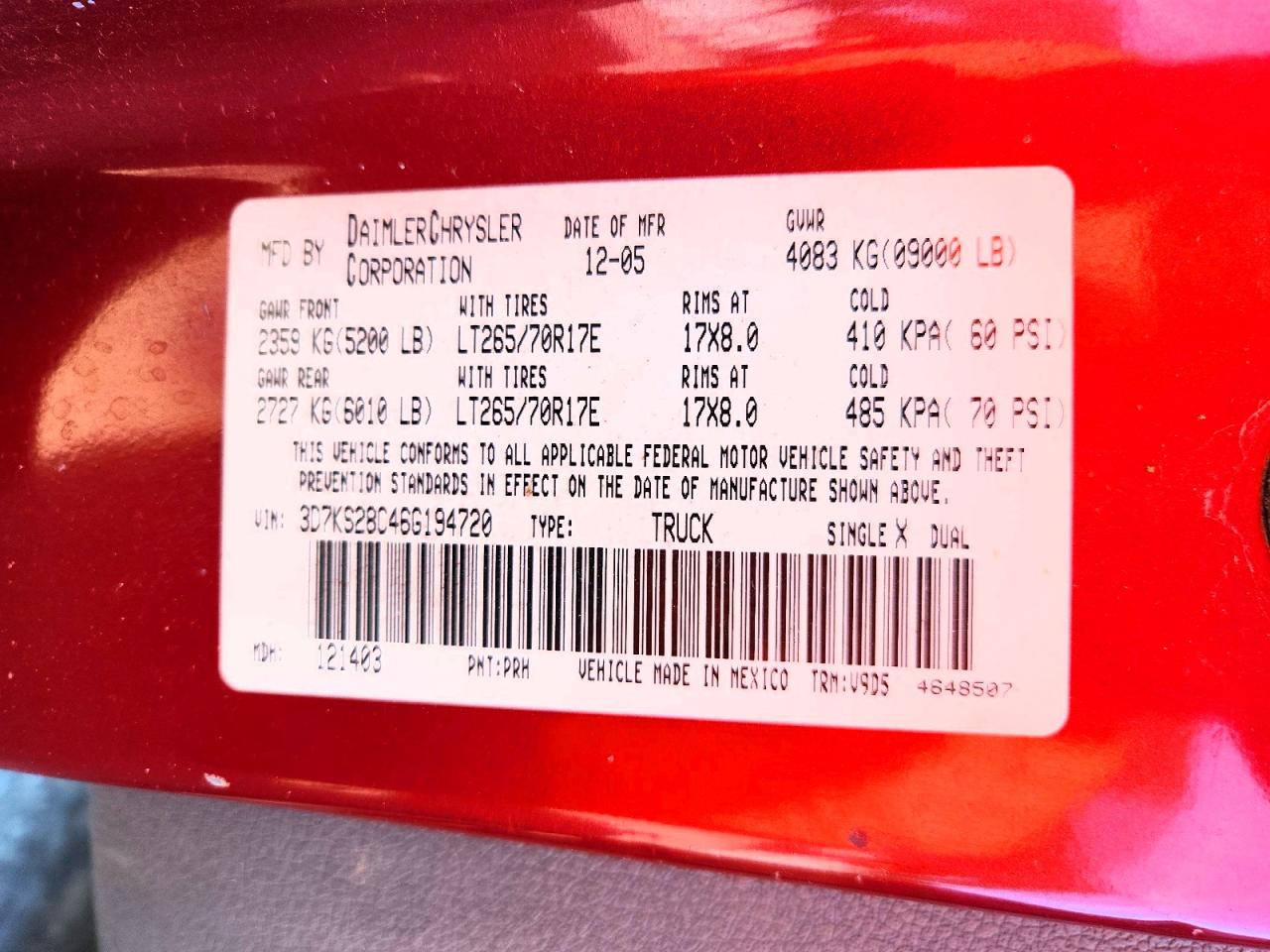 2006 Dodge Ram 2500 St Red vin: 3D7KS28C46G194720