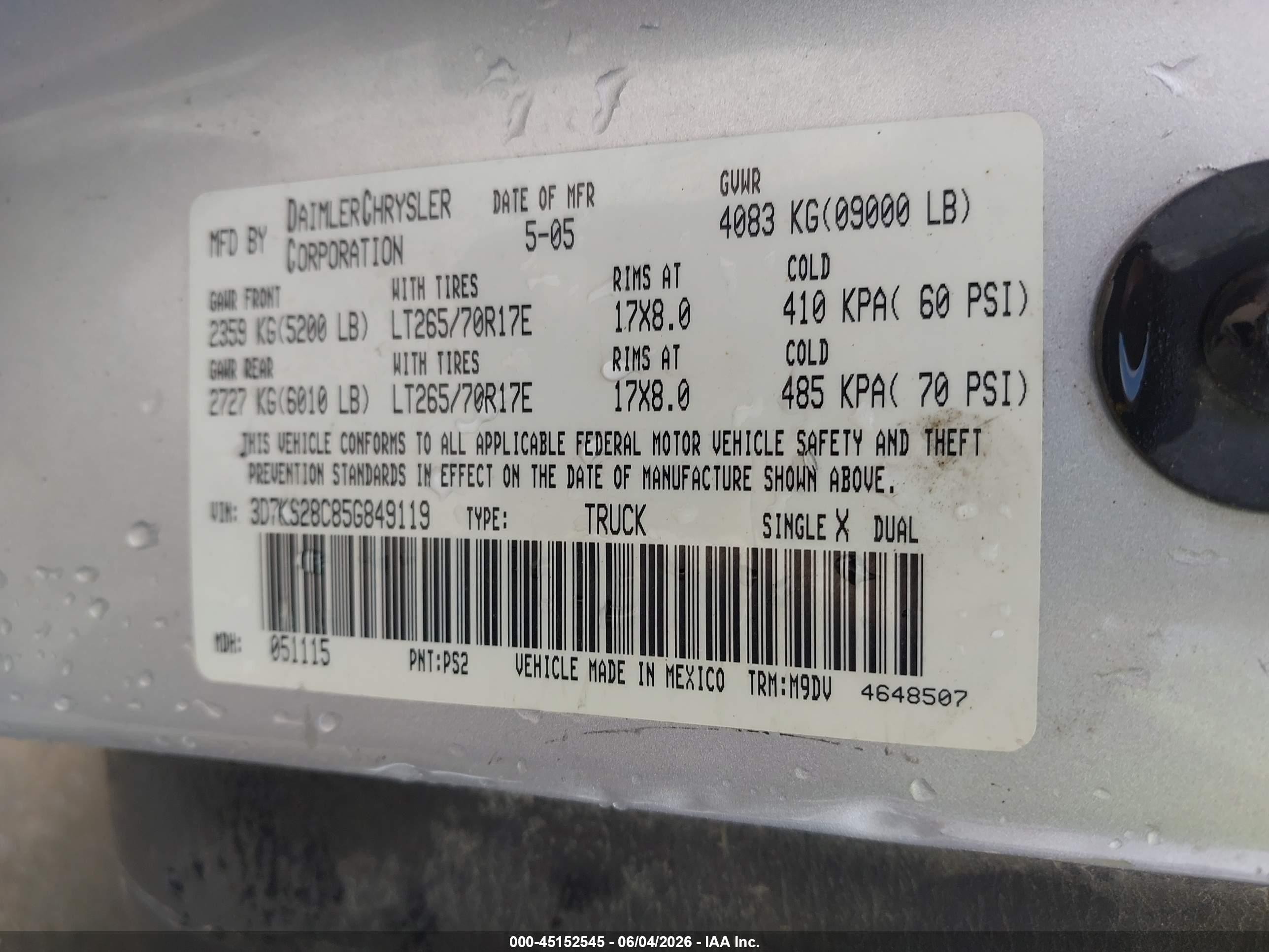 2005 Dodge Ram 2500 Slt/laramie Silver vin: 3D7KS28C85G849119