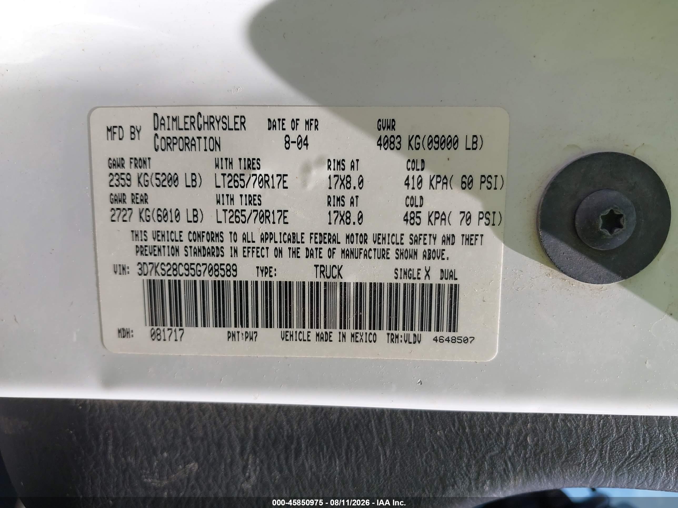 2005 Dodge Ram 2500 St/slt White vin: 3D7KS28C95G708589