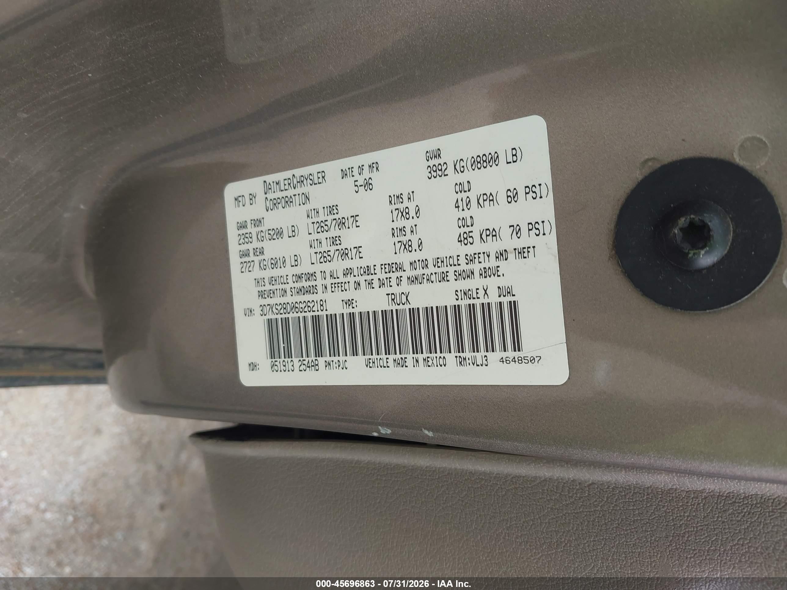 2006 Dodge Ram 2500 Laramie Tan vin: 3D7KS28D06G262181