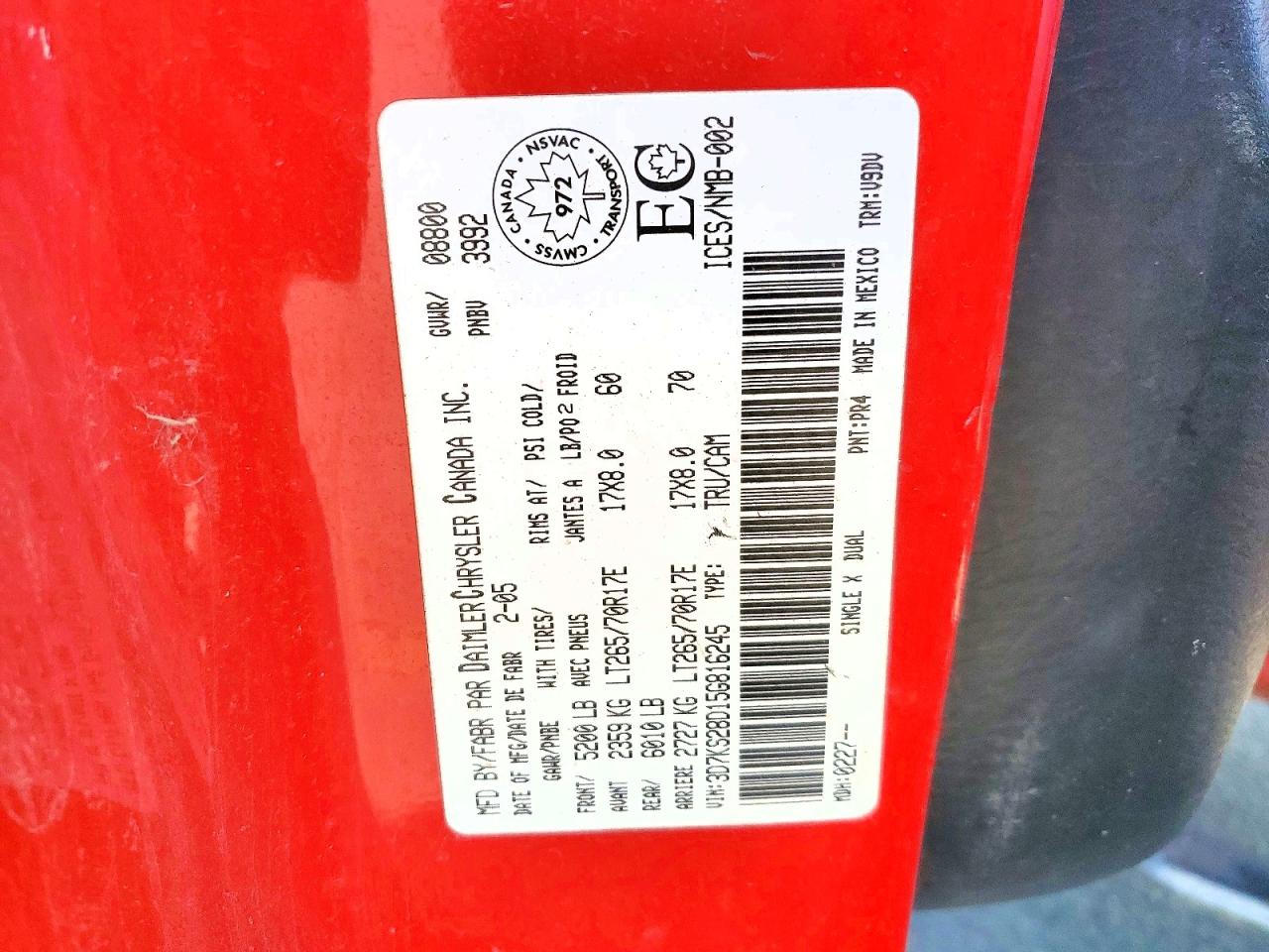 2005 Dodge Ram 2500 St Red vin: 3D7KS28D15G816245