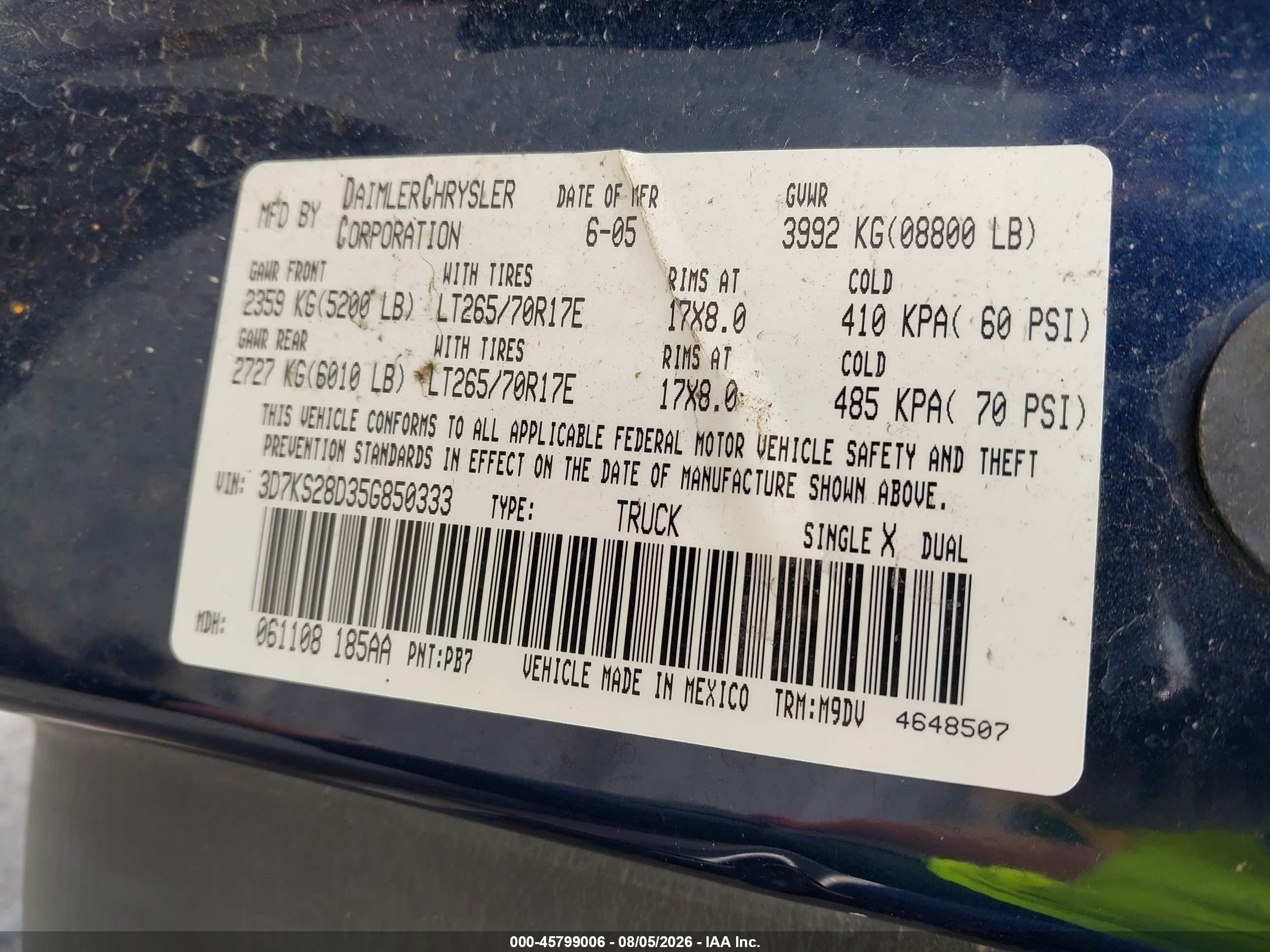 2005 Dodge Ram 2500 Slt/laramie Dark Blue vin: 3D7KS28D35G850333