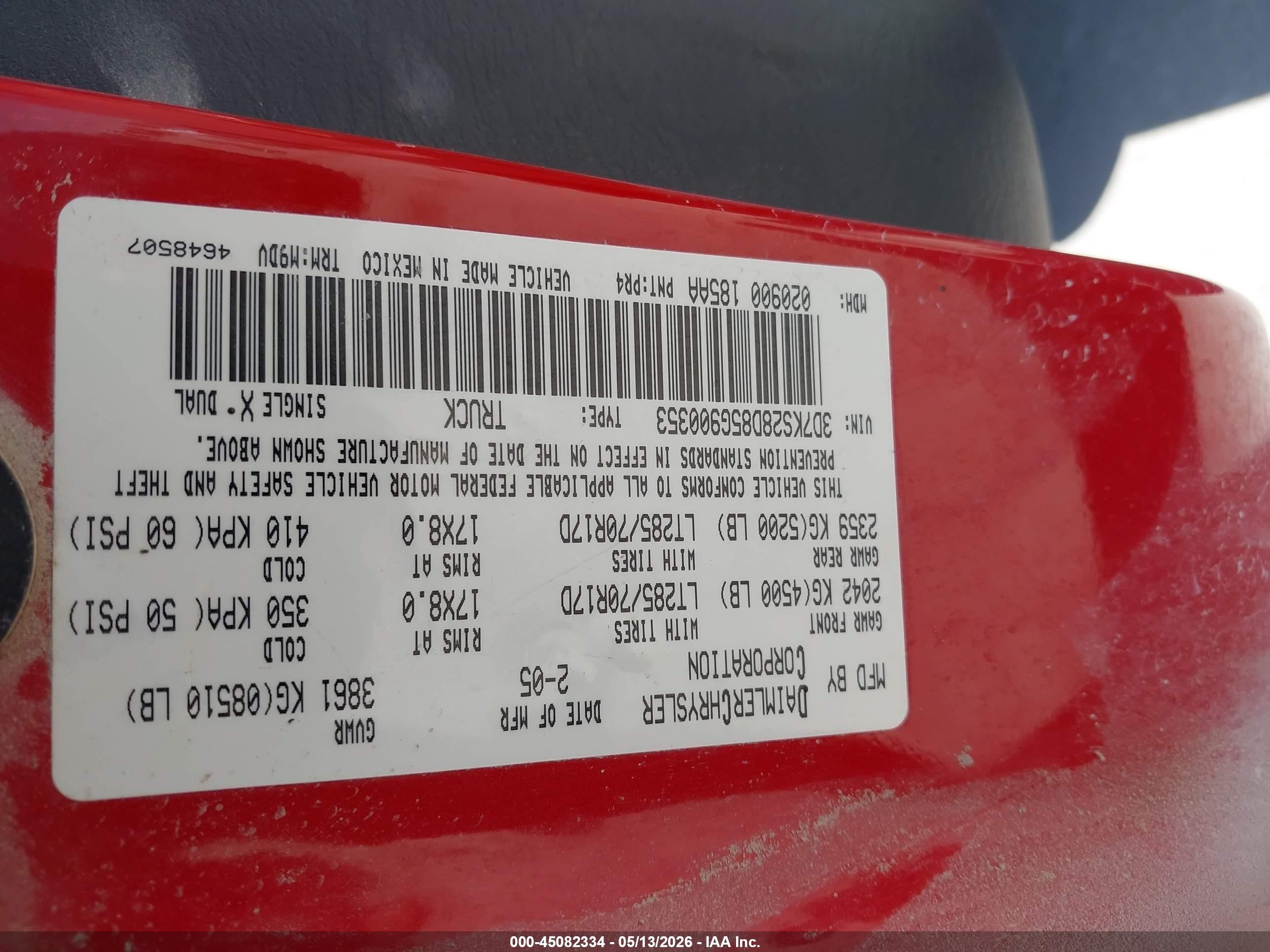 2005 Dodge Ram 2500 Slt/laramie Red vin: 3D7KS28D85G900353