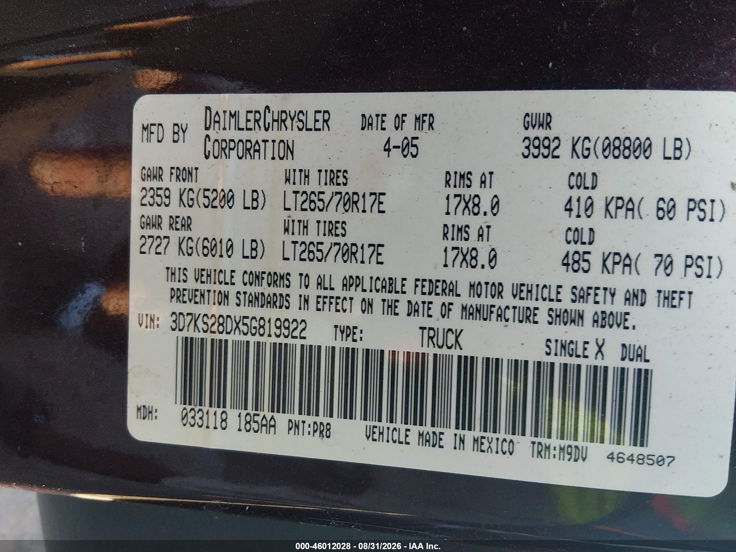 2005 Dodge Ram 2500 Slt/laramie Burgundy vin: 3D7KS28DX5G819922