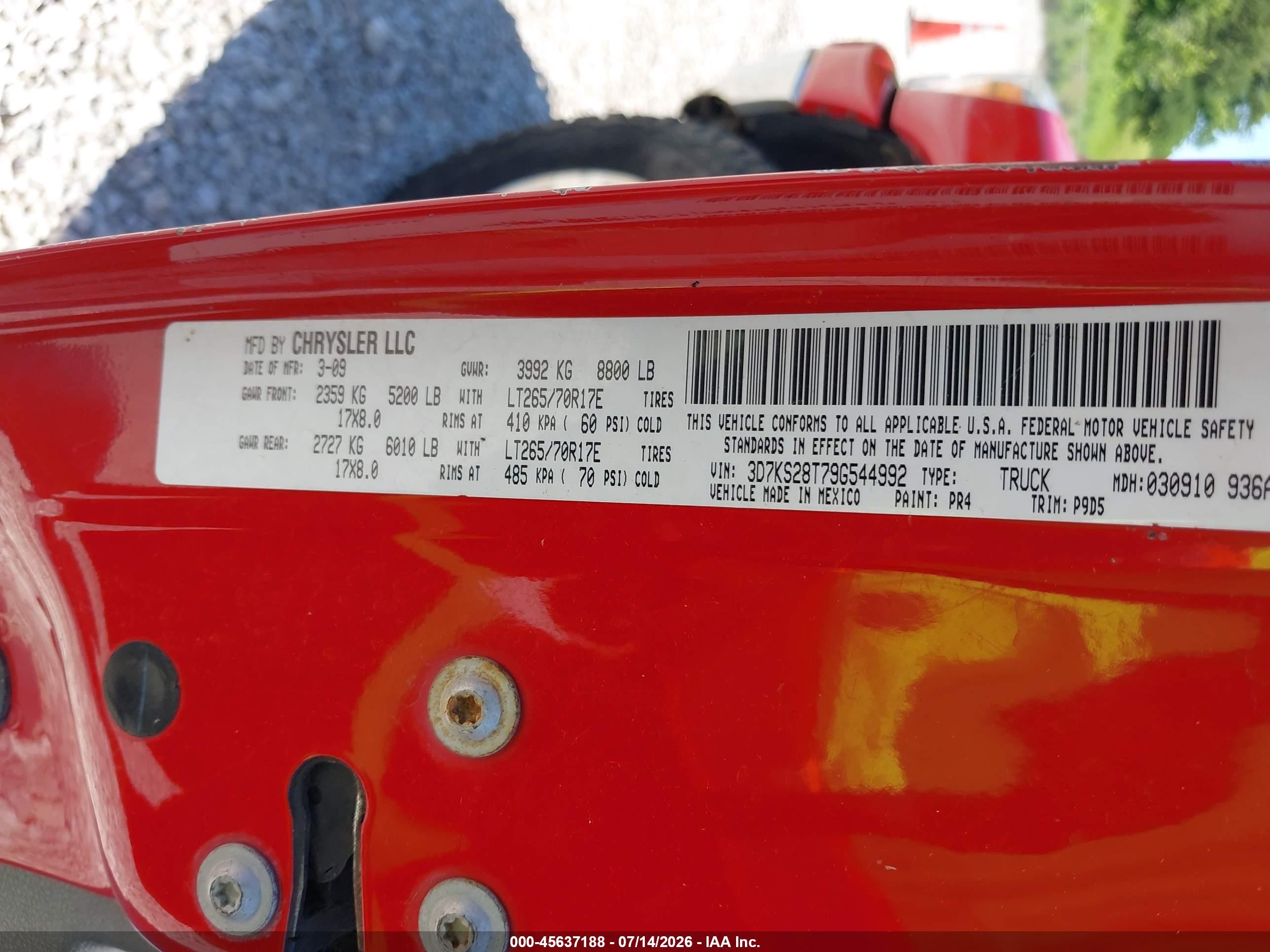 2009 Dodge Ram 2500 Slt Red vin: 3D7KS28T79G544992