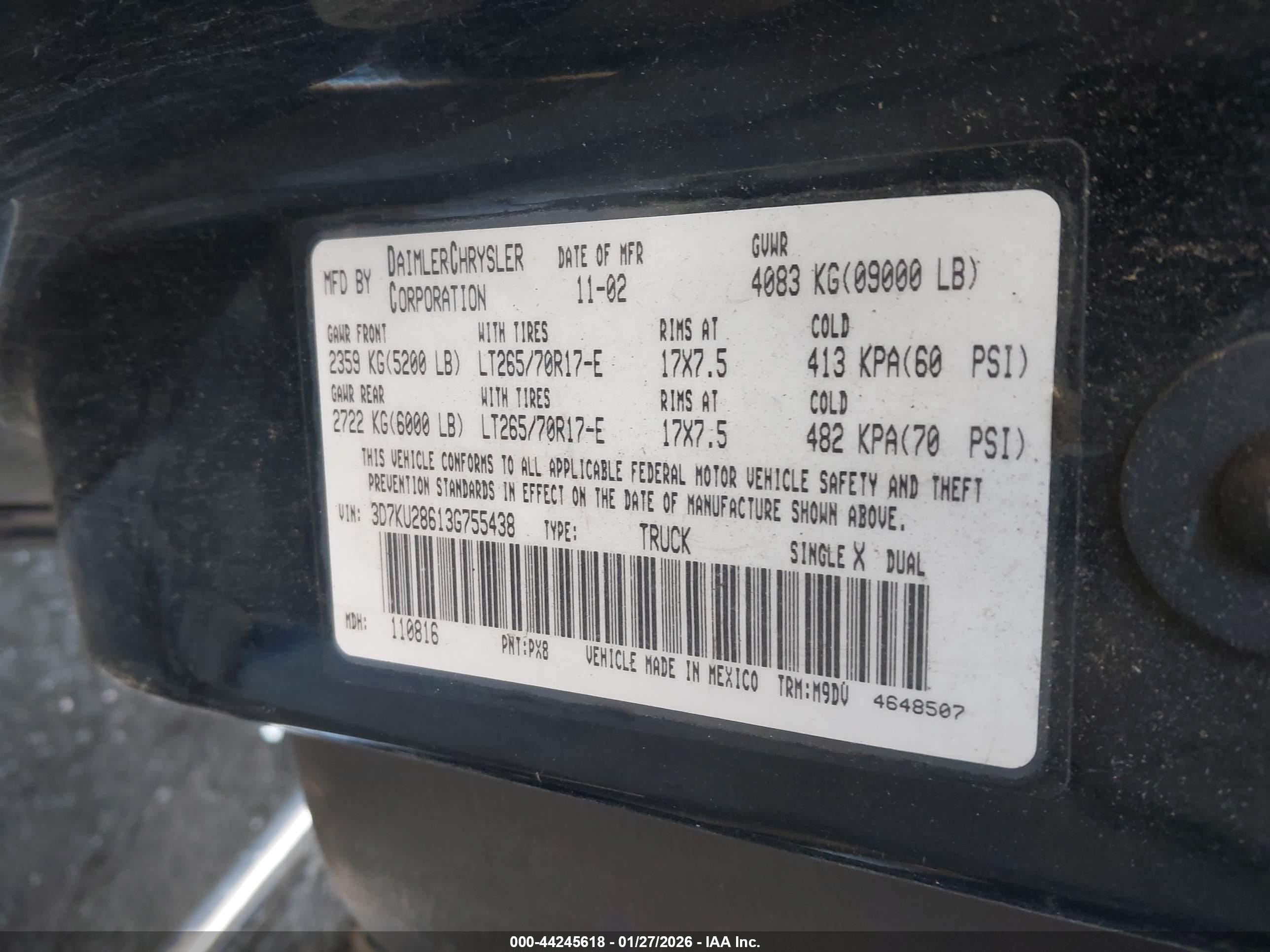 2003 Dodge Ram 2500   Черный vin: 3D7KU28613G755438