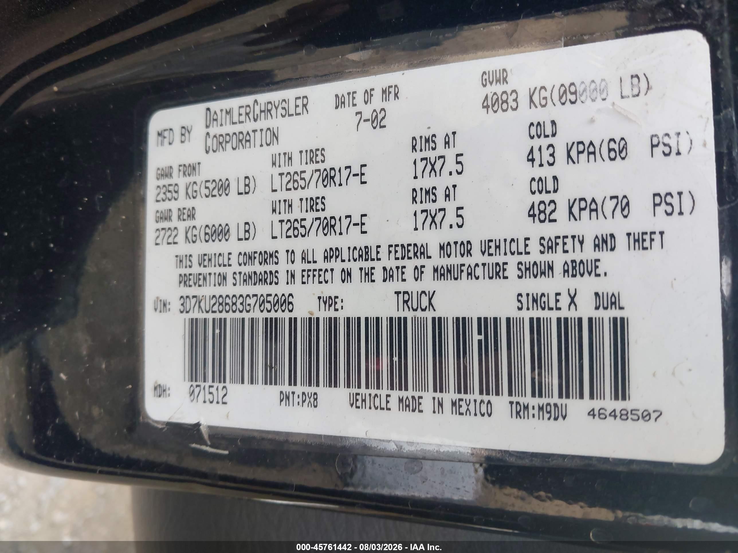 2003 Dodge Ram 2500   Black vin: 3D7KU28683G705006