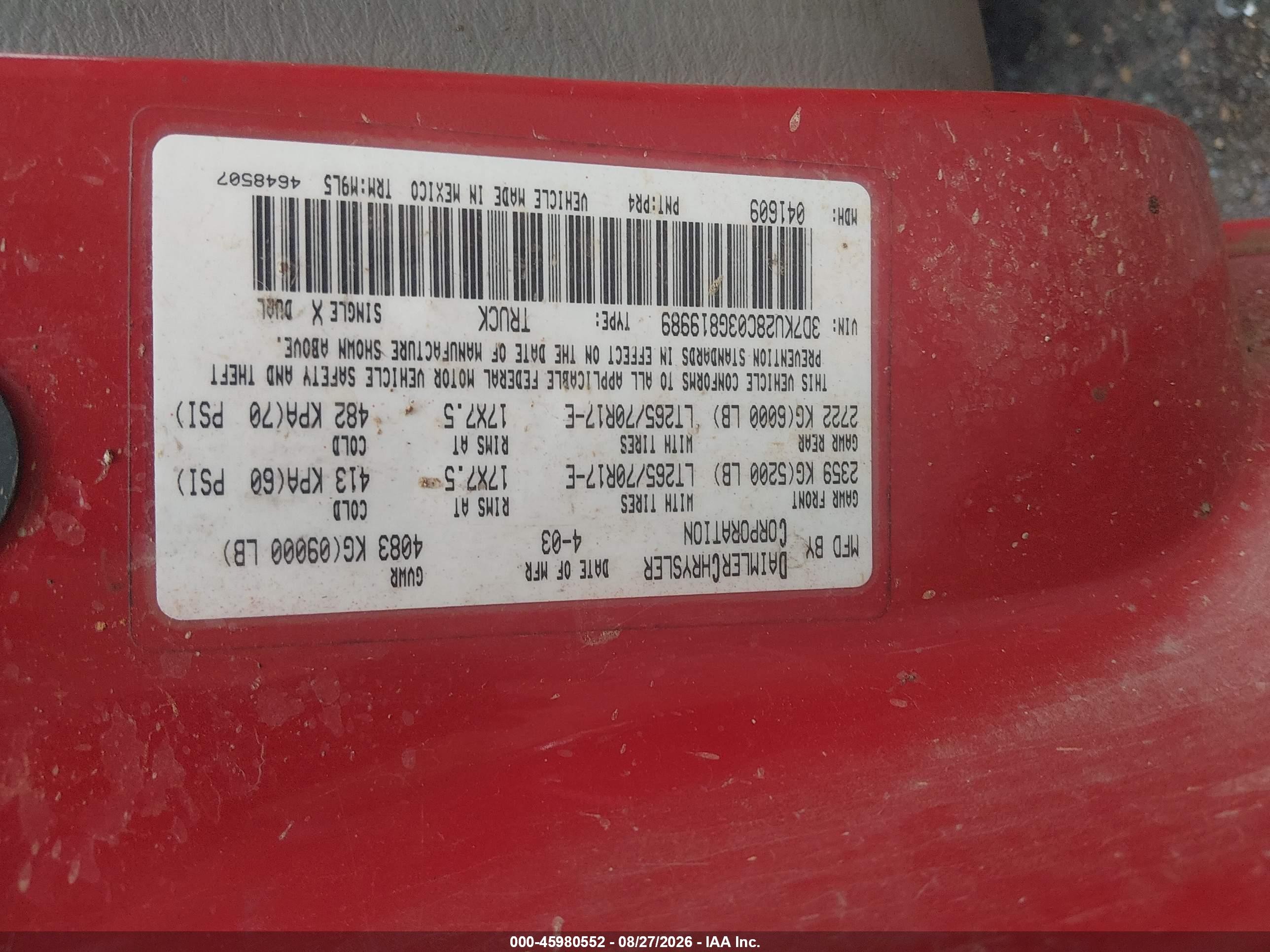 2003 Dodge Ram 2500 Slt/laramie/st Red vin: 3D7KU28C03G819989