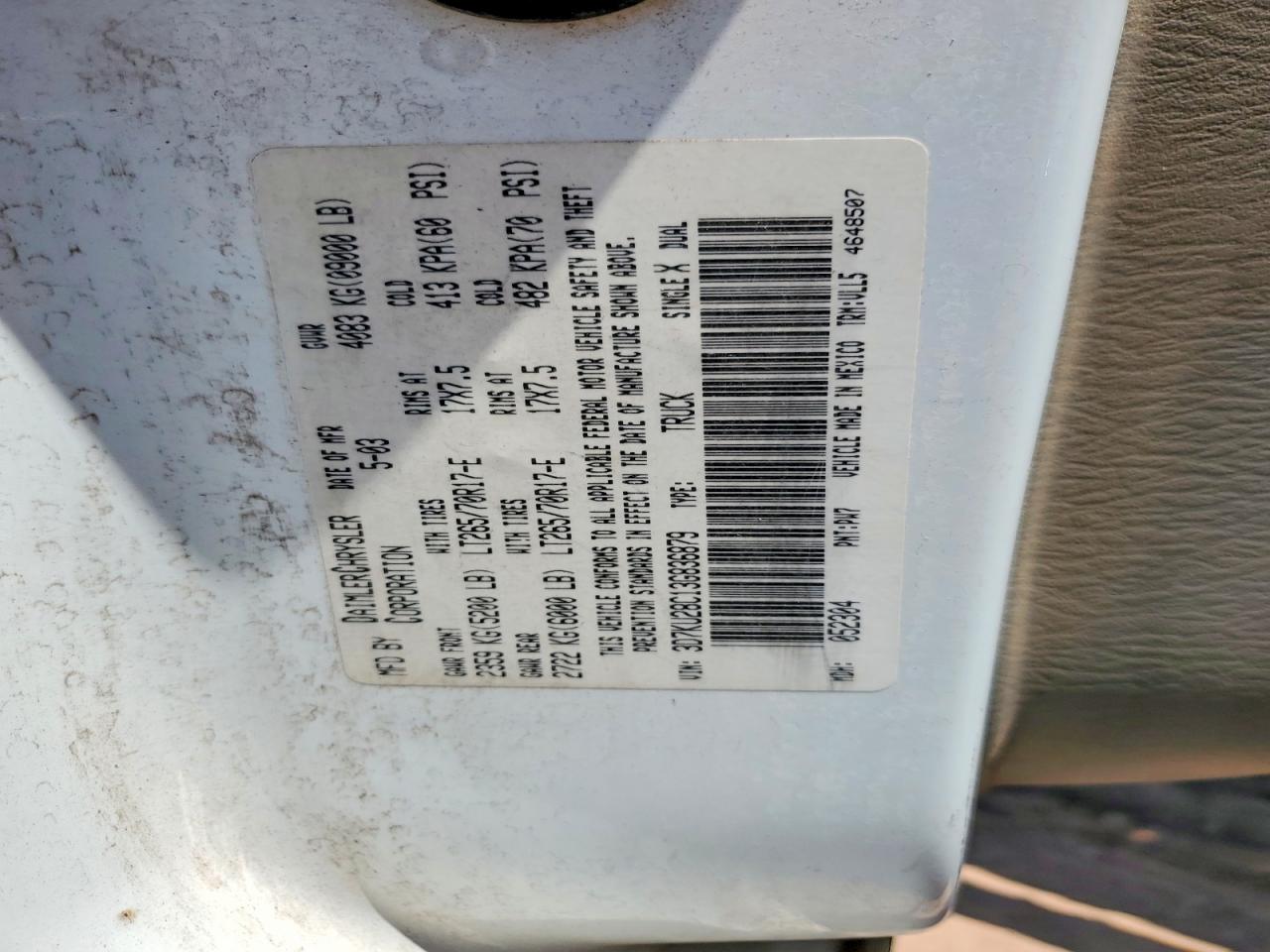 2003 Dodge Ram 2500 St White vin: 3D7KU28C13G836879