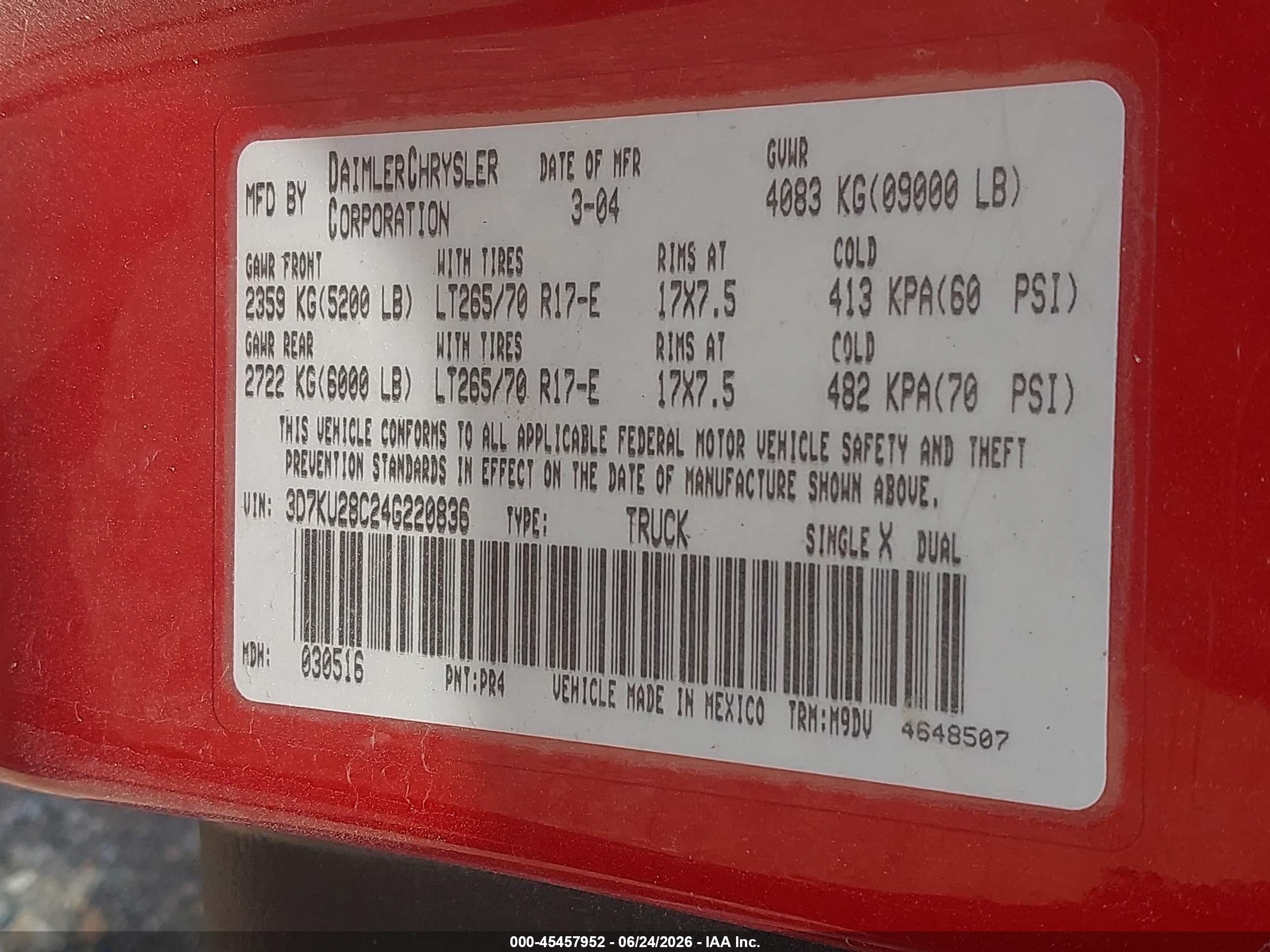 2004 Dodge Ram 2500 Slt/laramie Red vin: 3D7KU28C24G220836