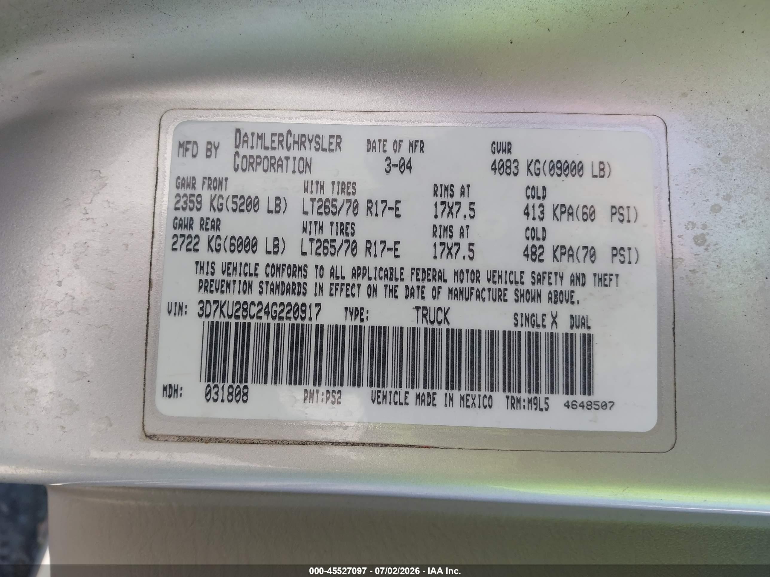 2004 Dodge Ram 2500 Slt/laramie Silver vin: 3D7KU28C24G220917