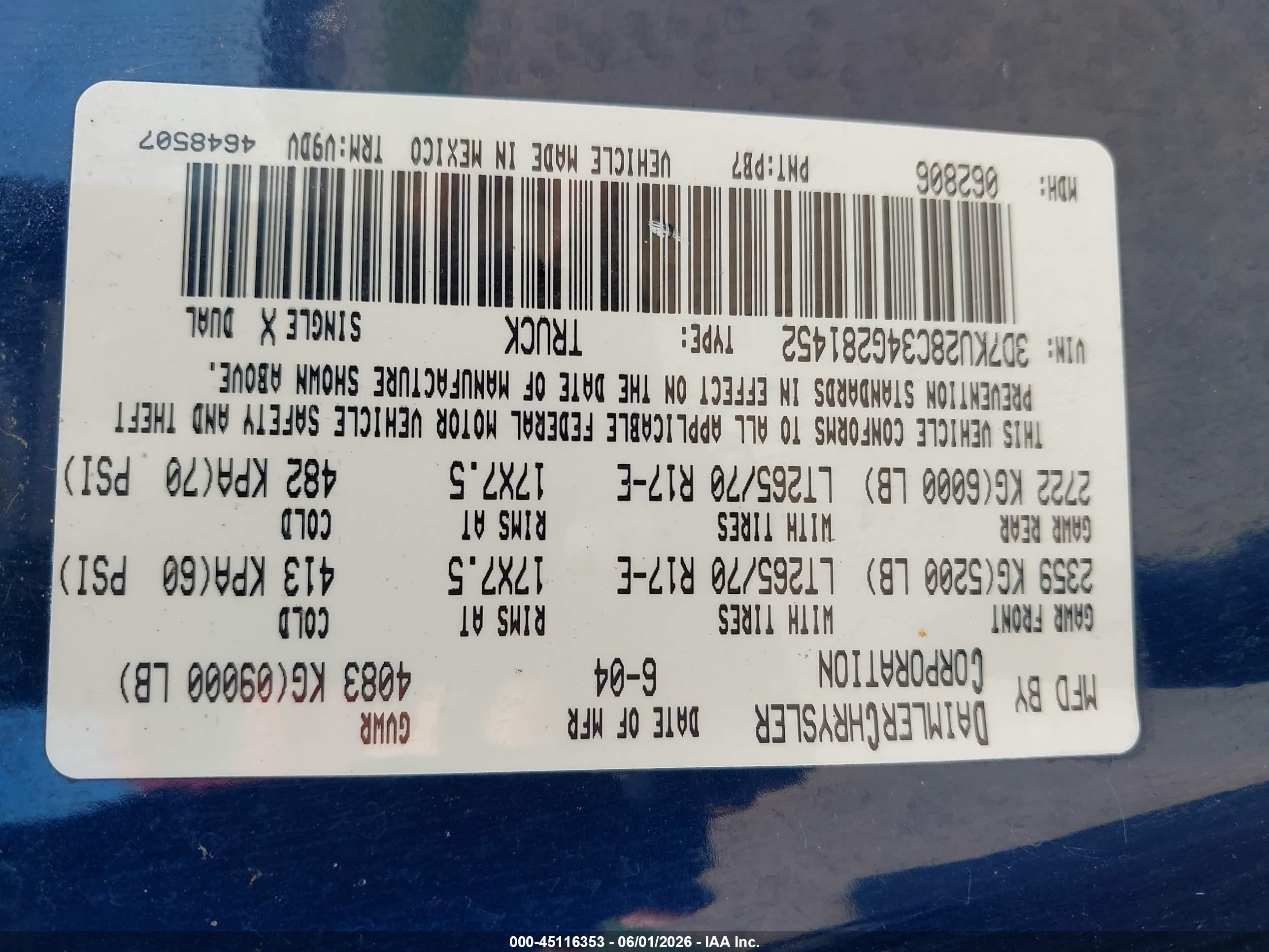 2004 Dodge Ram 2500 Slt/laramie Blue vin: 3D7KU28C34G281452