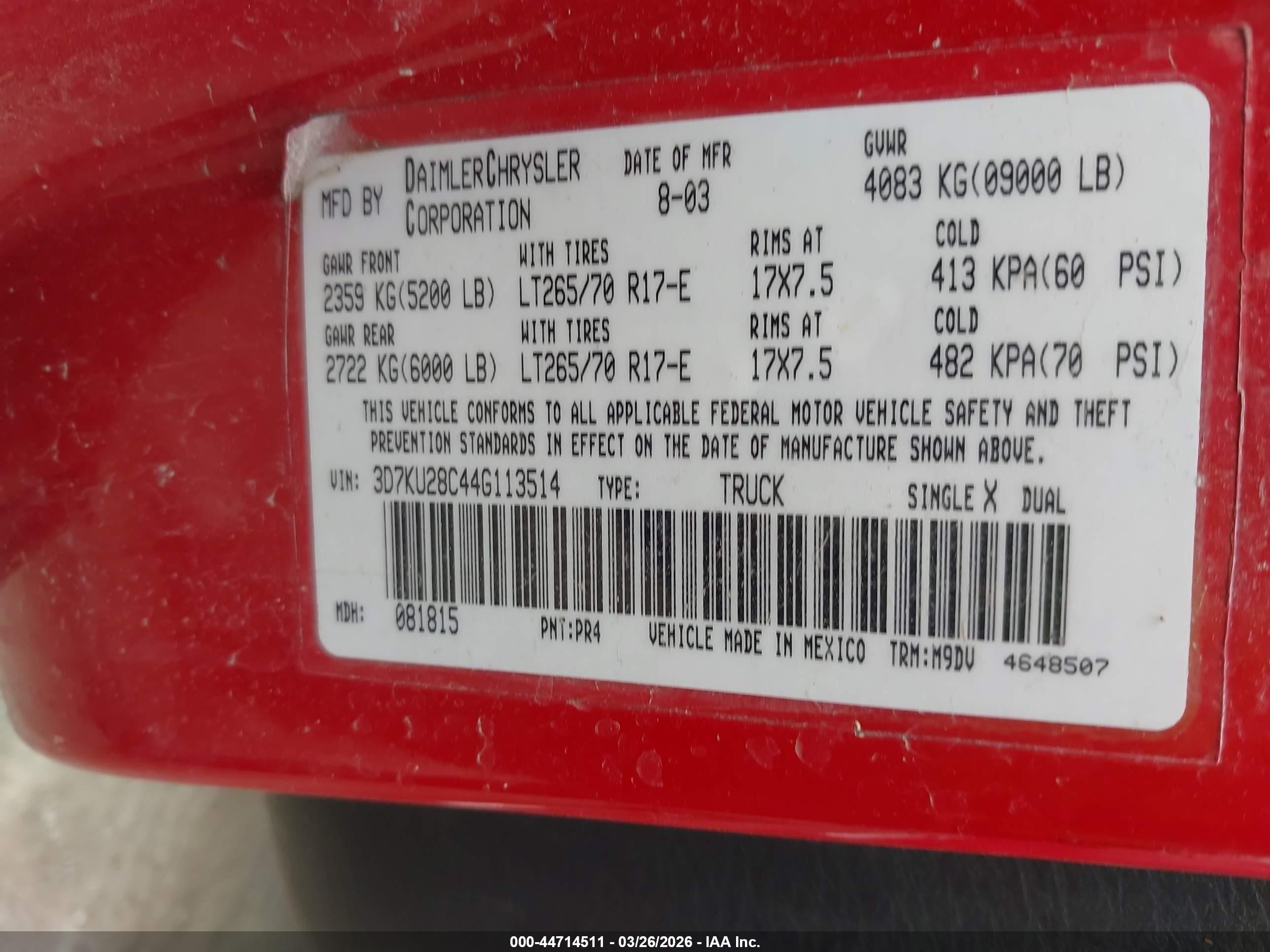 2004 Dodge Ram 2500 Slt/laramie Red vin: 3D7KU28C44G113514