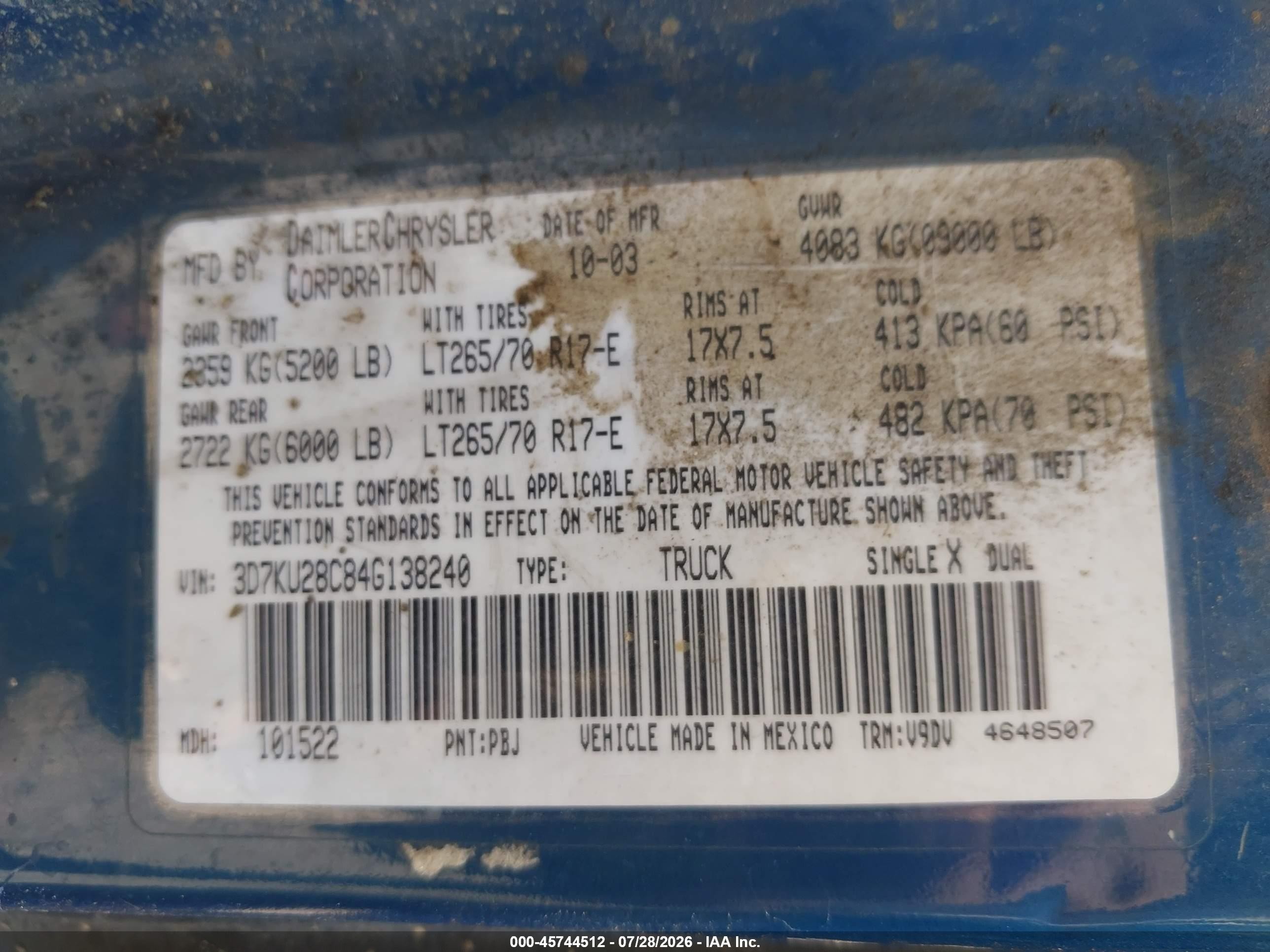 2004 Dodge Ram 2500 Slt/laramie Blue vin: 3D7KU28C84G138240