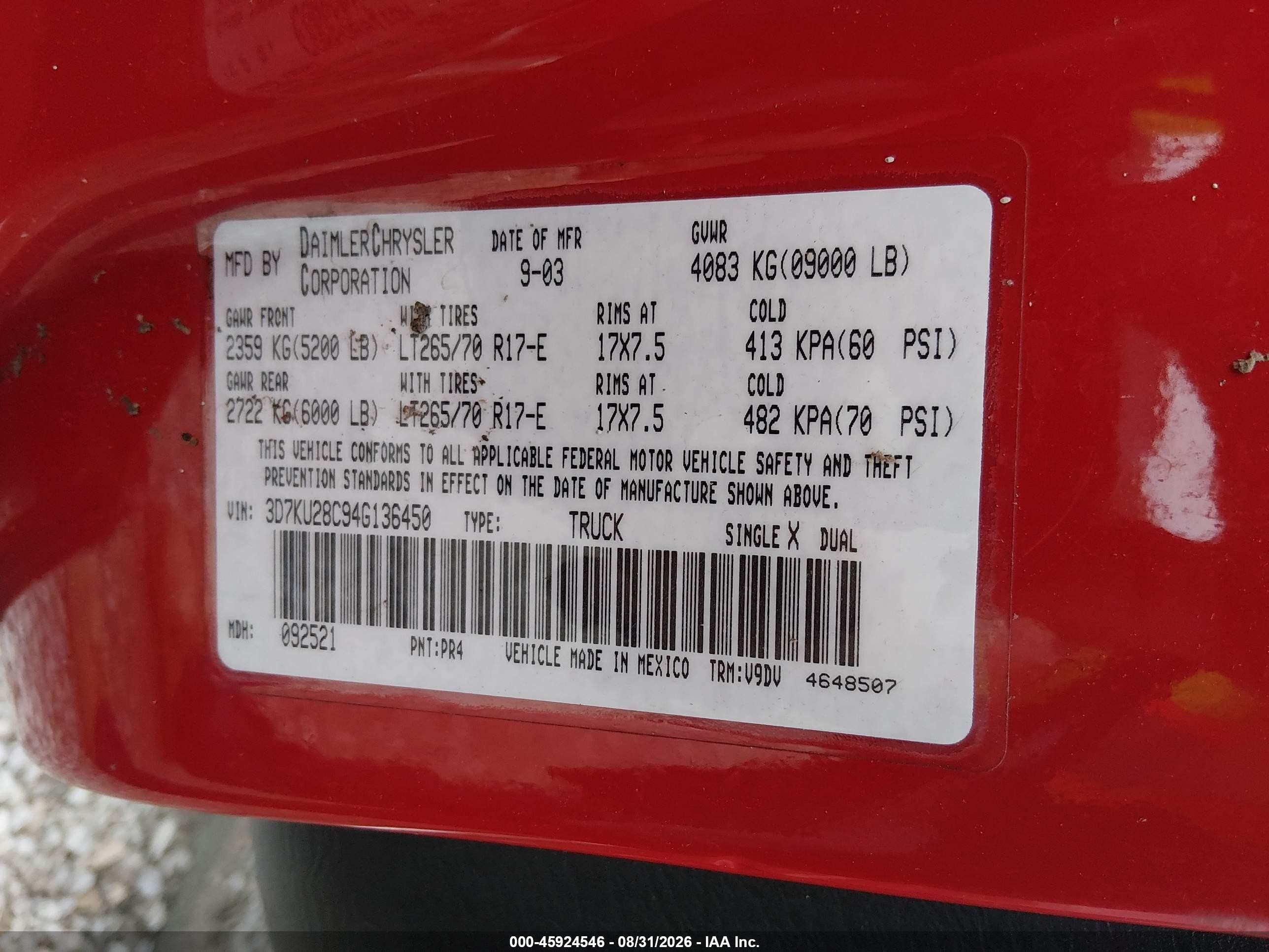 2004 Dodge Ram 2500 Slt/laramie Red vin: 3D7KU28C94G136450