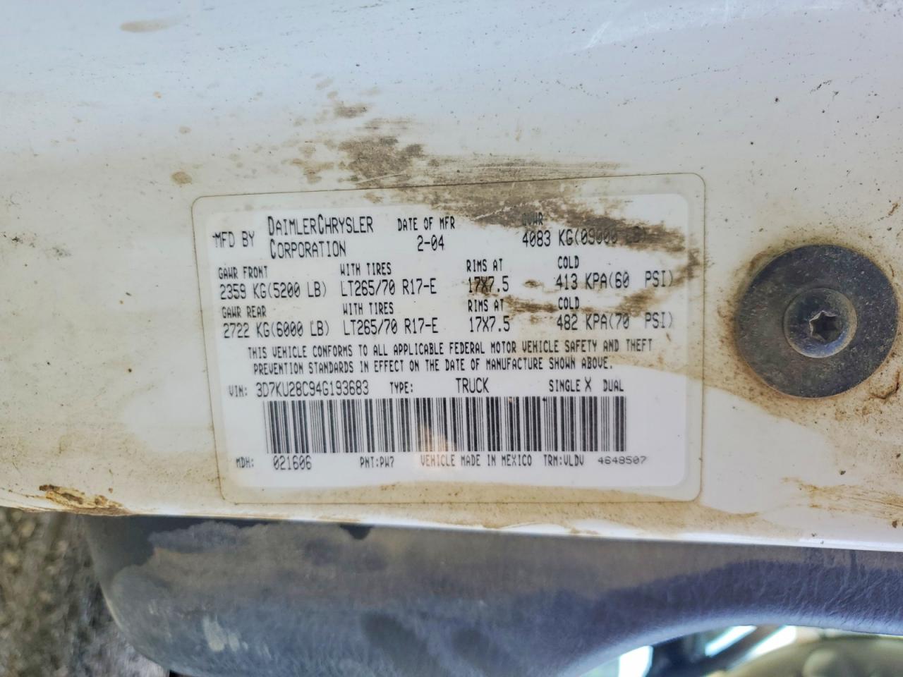 2004 Dodge Ram 2500 St White vin: 3D7KU28C94G193683