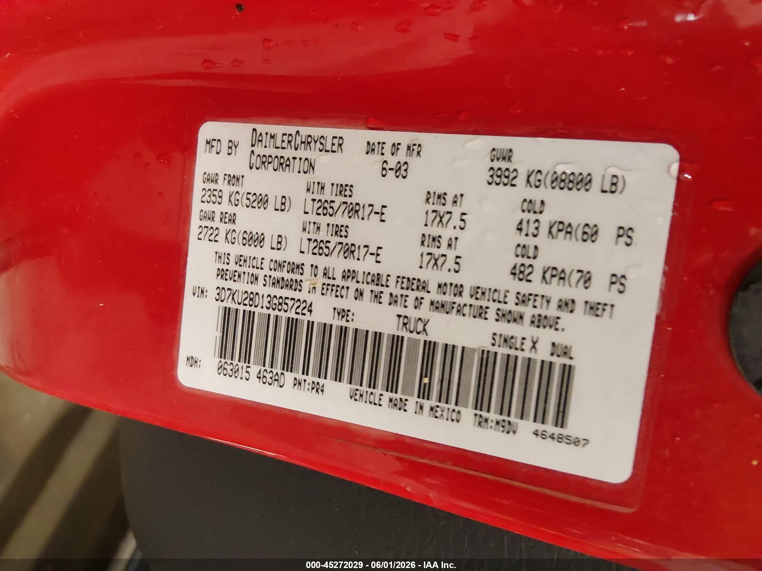 2003 Dodge Ram 2500 Slt/laramie/st Red vin: 3D7KU28D13G857224