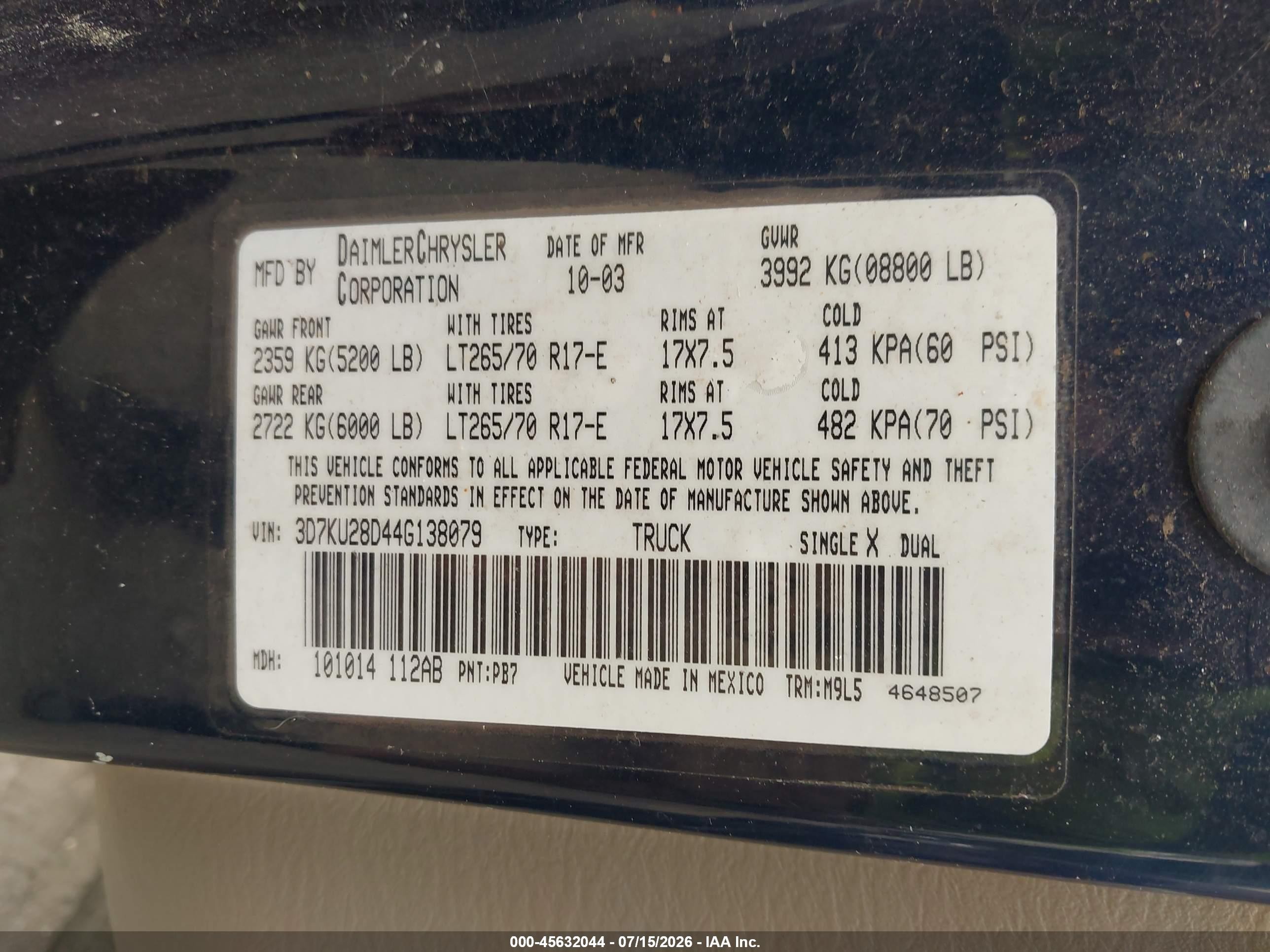 2004 Dodge Ram 2500 Slt/laramie Синий vin: 3D7KU28D44G138079