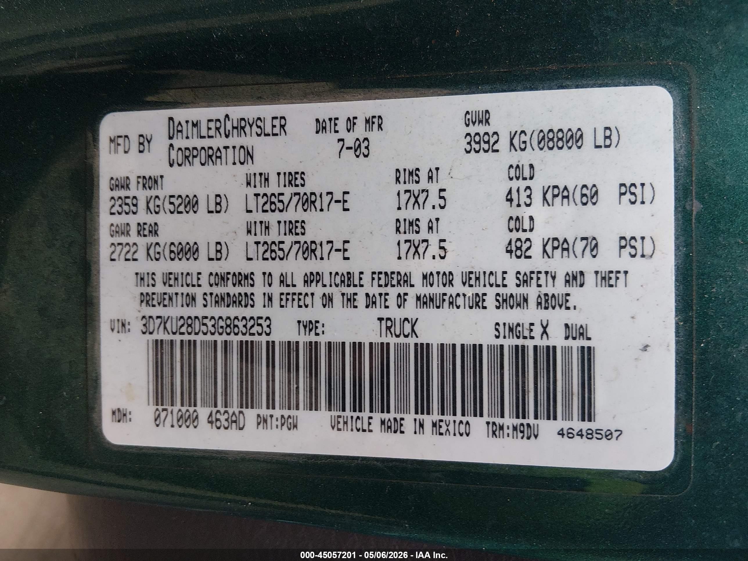 2003 Dodge Ram 2500   Green vin: 3D7KU28D53G863253