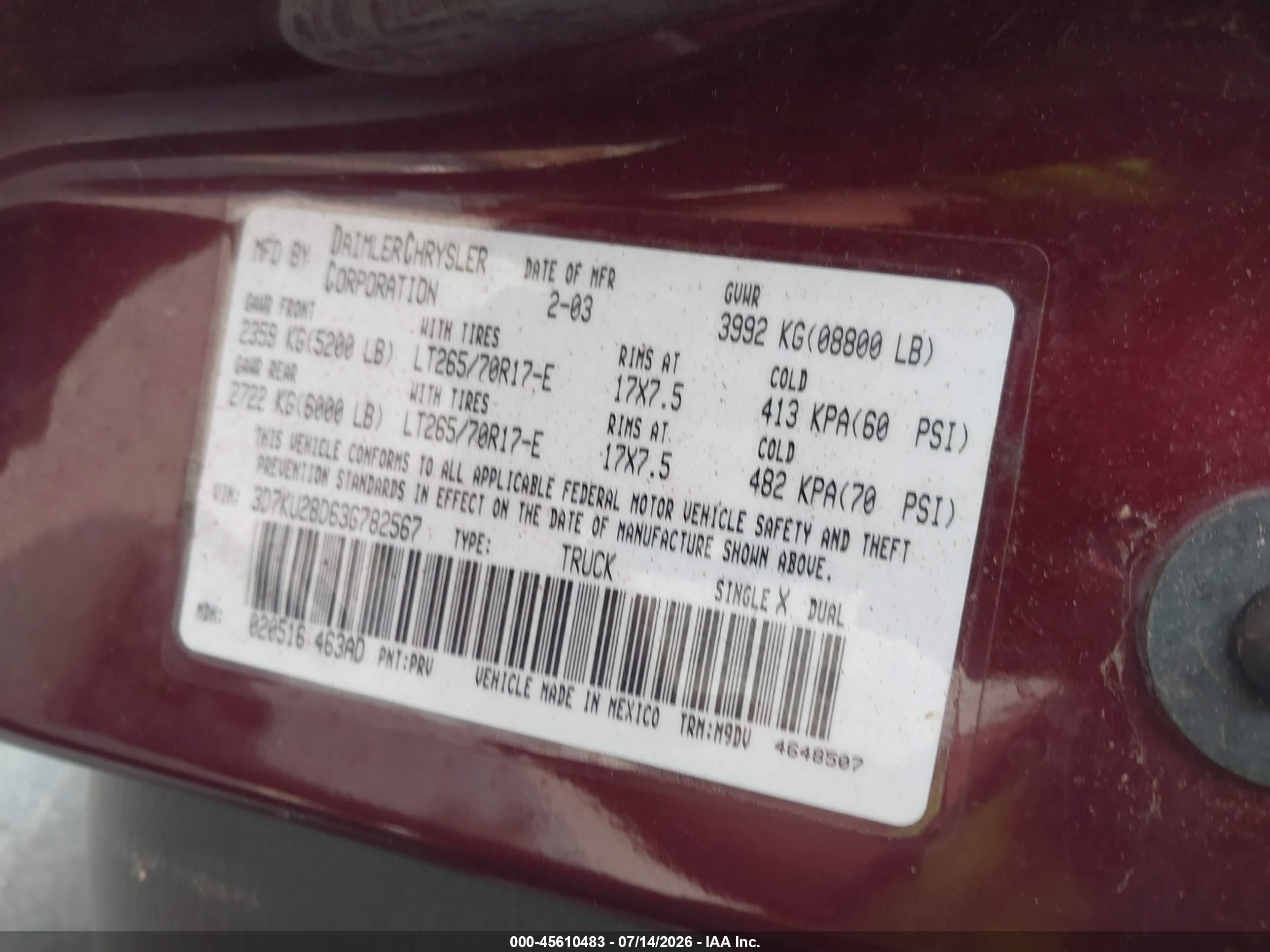 2003 Dodge Ram 2500 Slt/laramie/st Red vin: 3D7KU28D63G782567