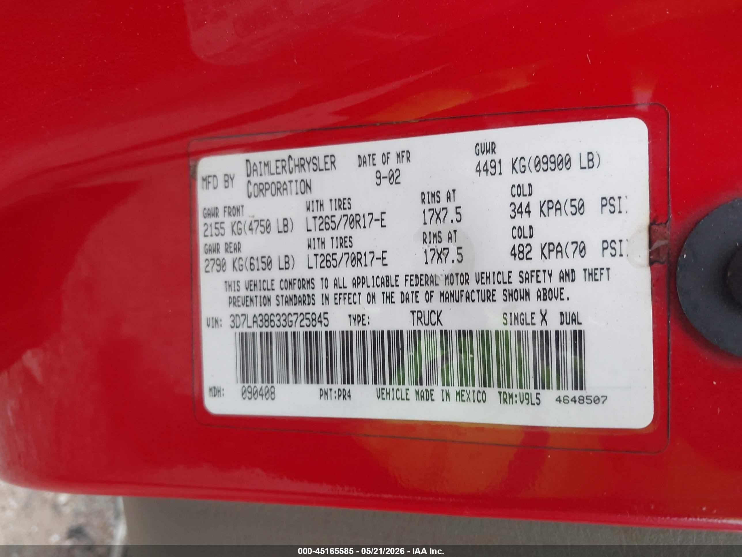 2003 Dodge Ram 3500 Slt/laramie/st Red vin: 3D7LA38633G725845