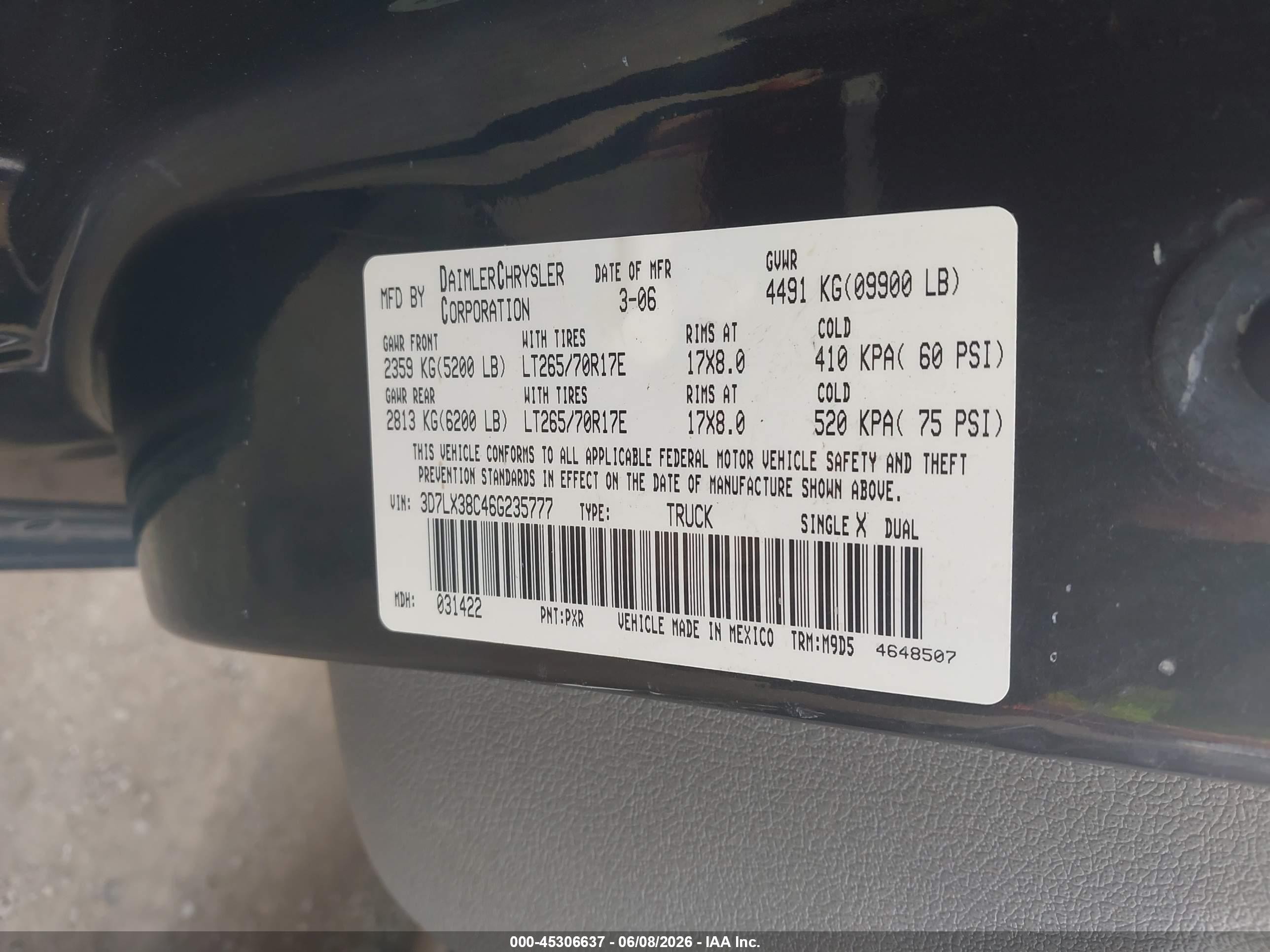2006 Dodge Ram 3500 Slt/sport Черный vin: 3D7LX38C46G235777