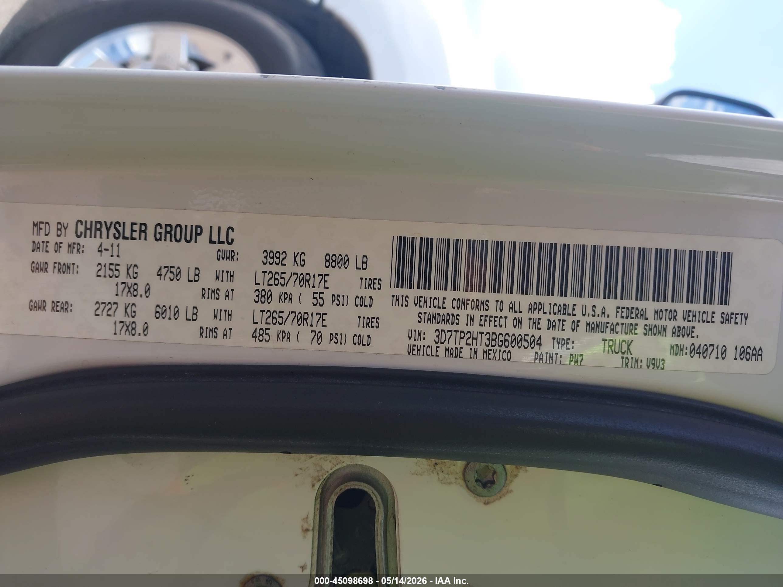 2011 Ram Ram 2500 Slt White vin: 3D7TP2HT3BG600504