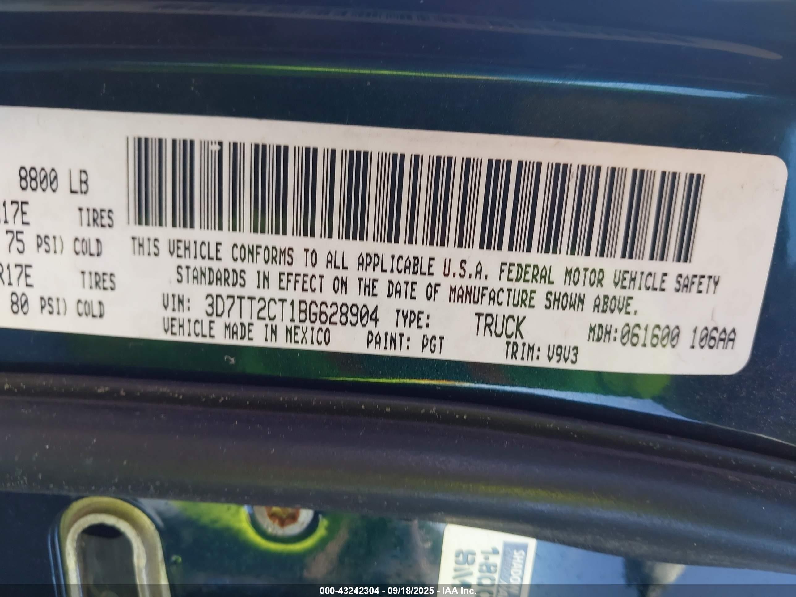2011 Ram Ram 2500 St Green vin: 3D7TT2CT1BG628904