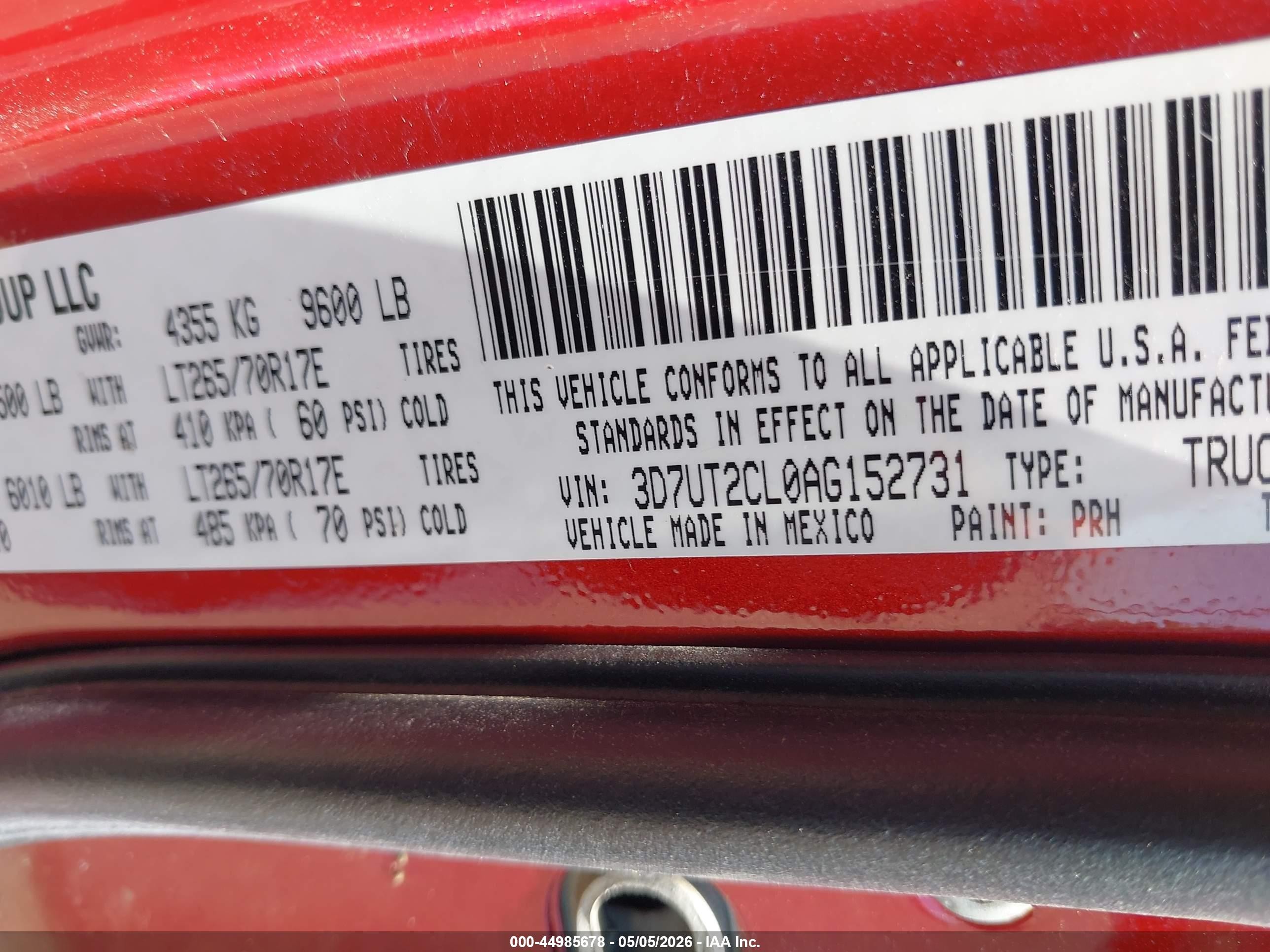 2010 Dodge Ram 2500 Laramie Red vin: 3D7UT2CL0AG152731