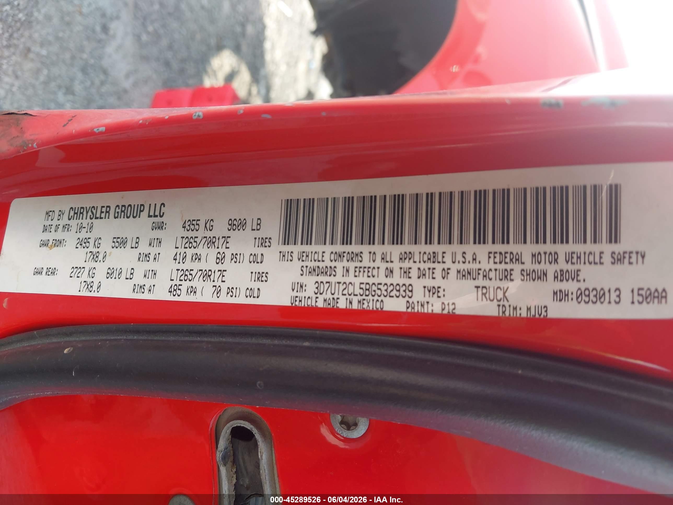 2011 Ram Ram 2500 Slt Red vin: 3D7UT2CL5BG532939