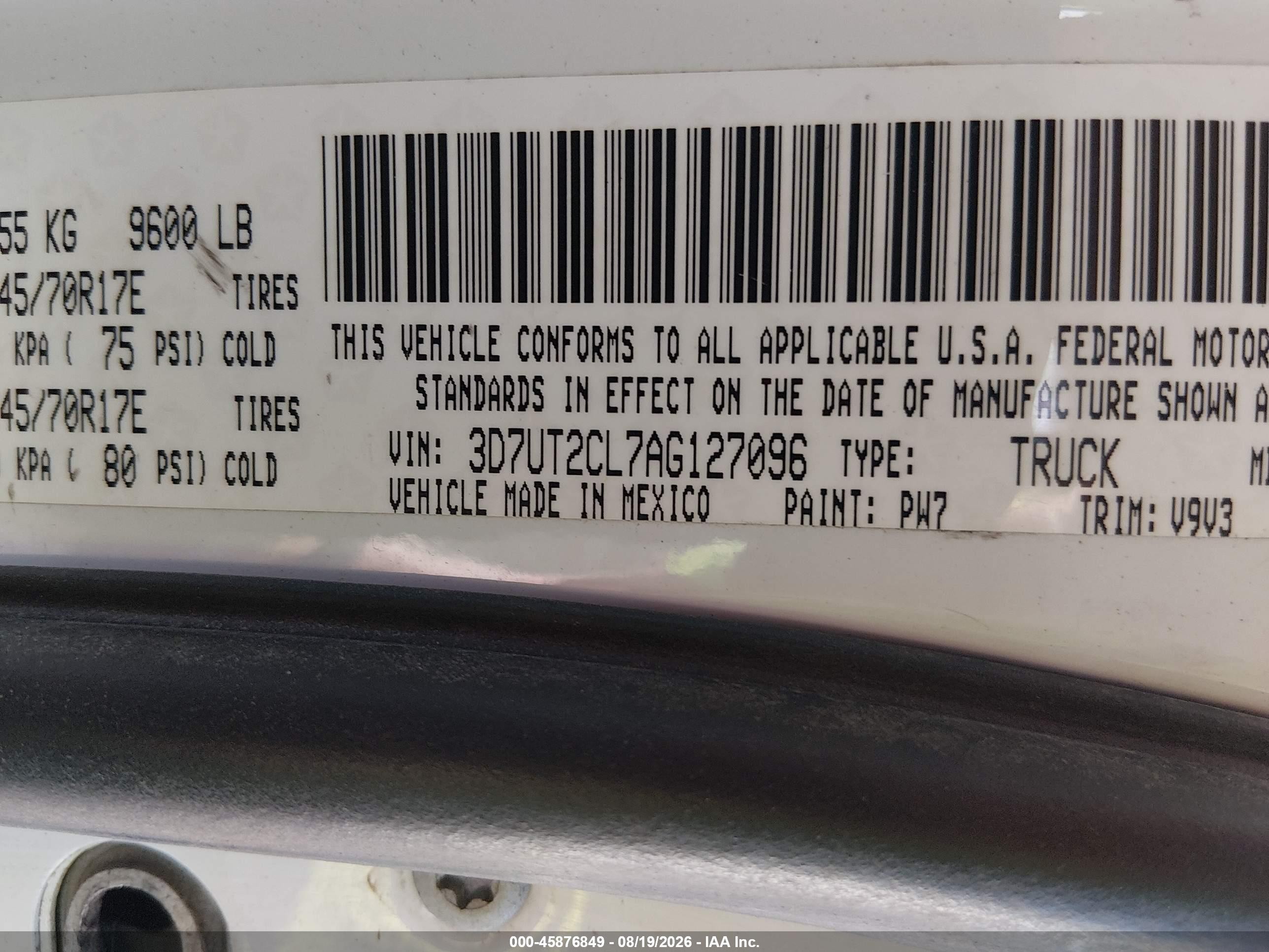 2010 Dodge Ram 2500 St White vin: 3D7UT2CL7AG127096