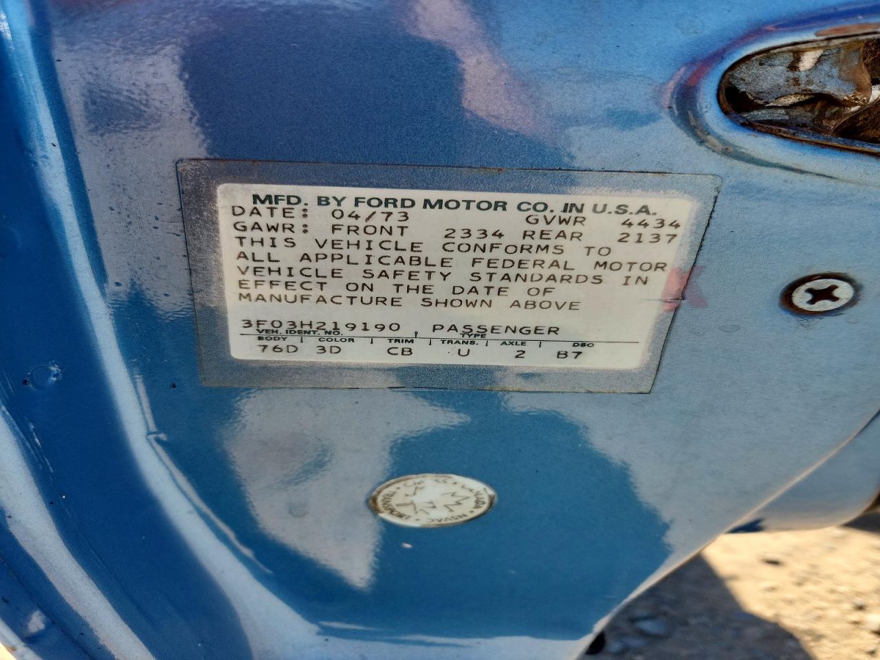 1973 Ford Mustang Blue vin: 3F03H219190
