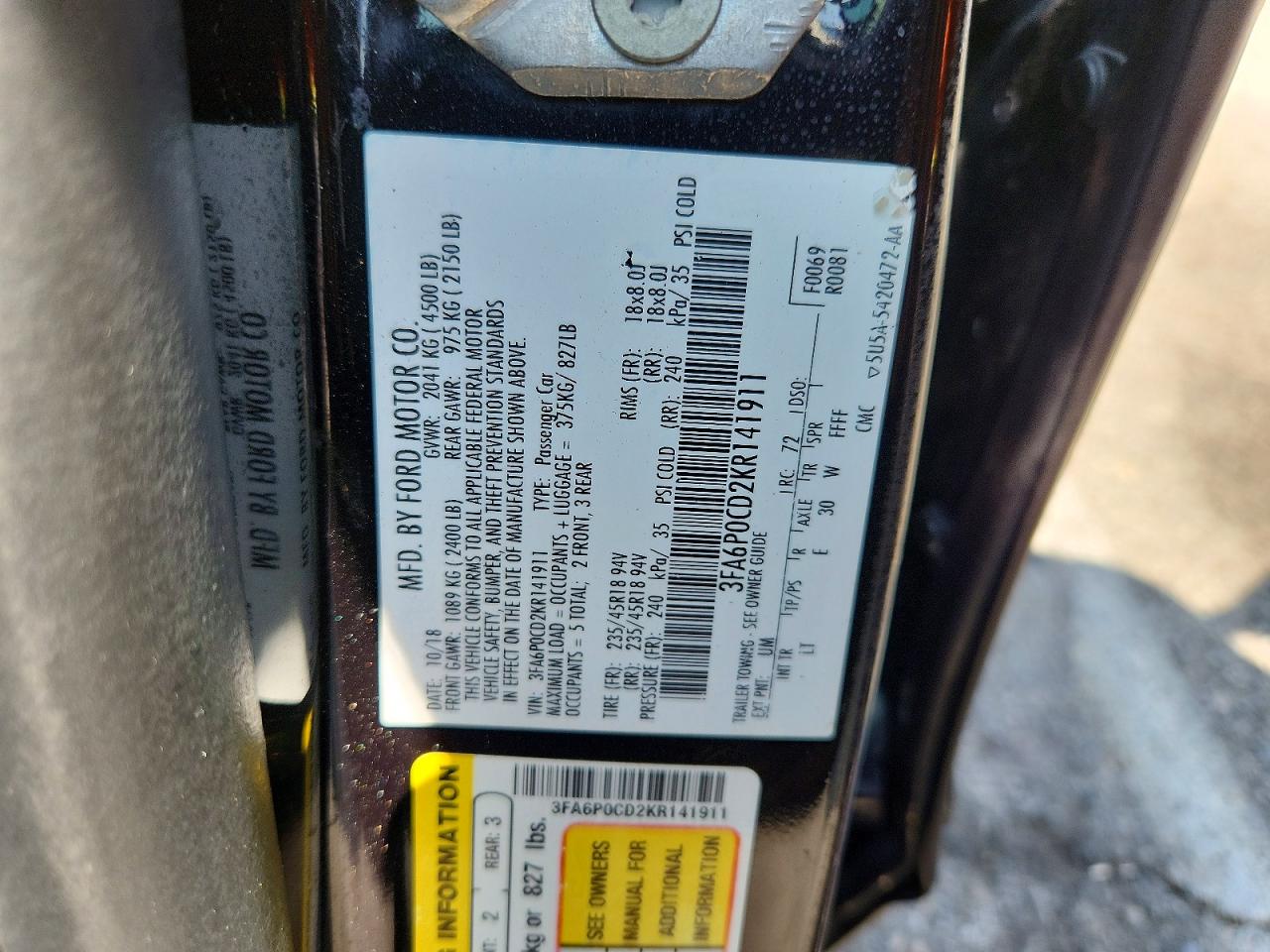 2019 Ford Fusion Sel Black vin: 3FA6P0CD2KR141911
