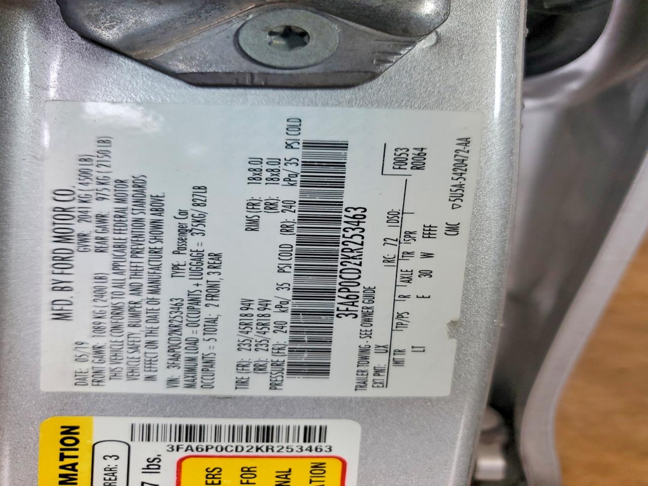 2019 Ford Fusion Sel Silver vin: 3FA6P0CD2KR253463
