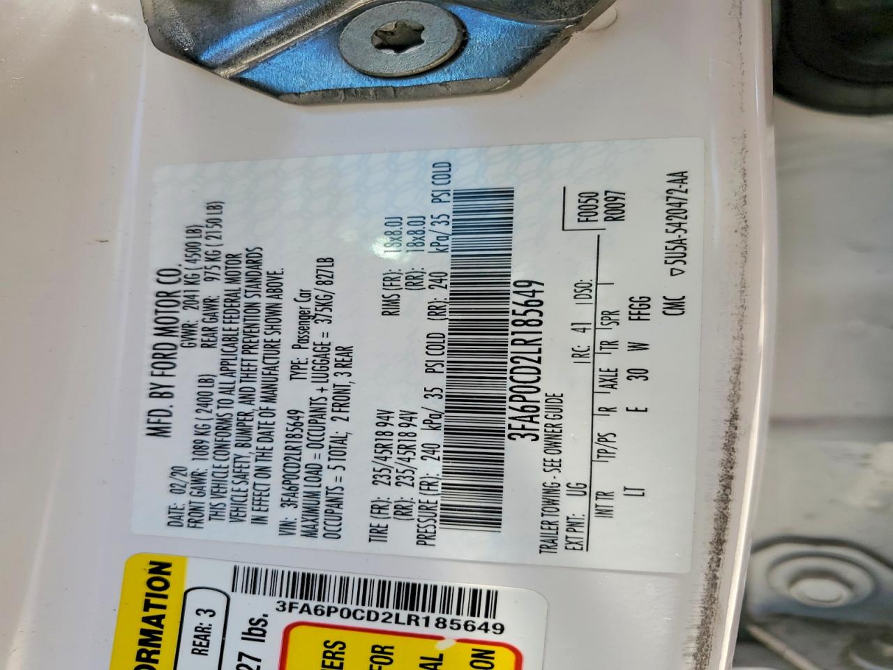 2020 Ford Fusion Sel White vin: 3FA6P0CD2LR185649