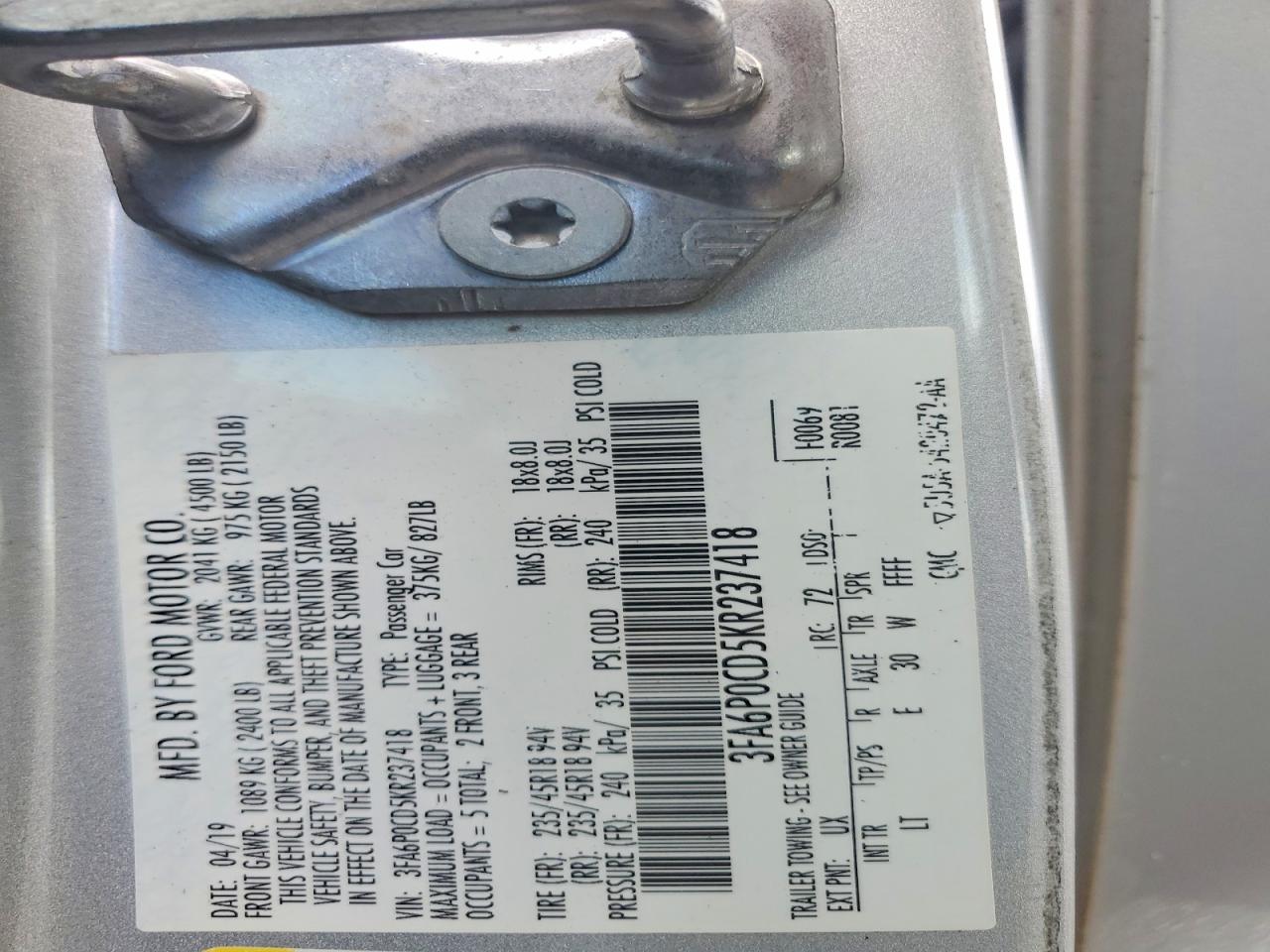 2019 Ford Fusion Sel Silver vin: 3FA6P0CD5KR237418