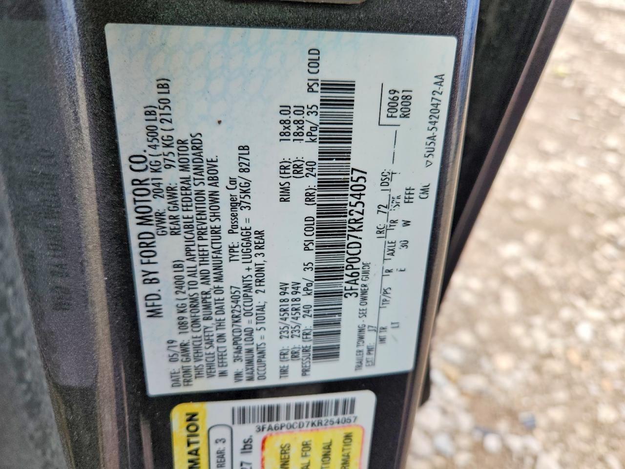 2019 Ford Fusion Sel Gray vin: 3FA6P0CD7KR254057