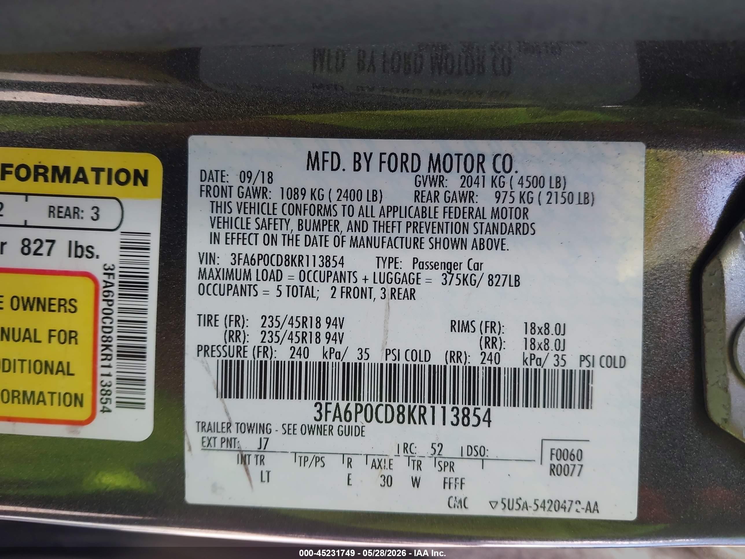 2019 Ford Fusion Sel Gray vin: 3FA6P0CD8KR113854